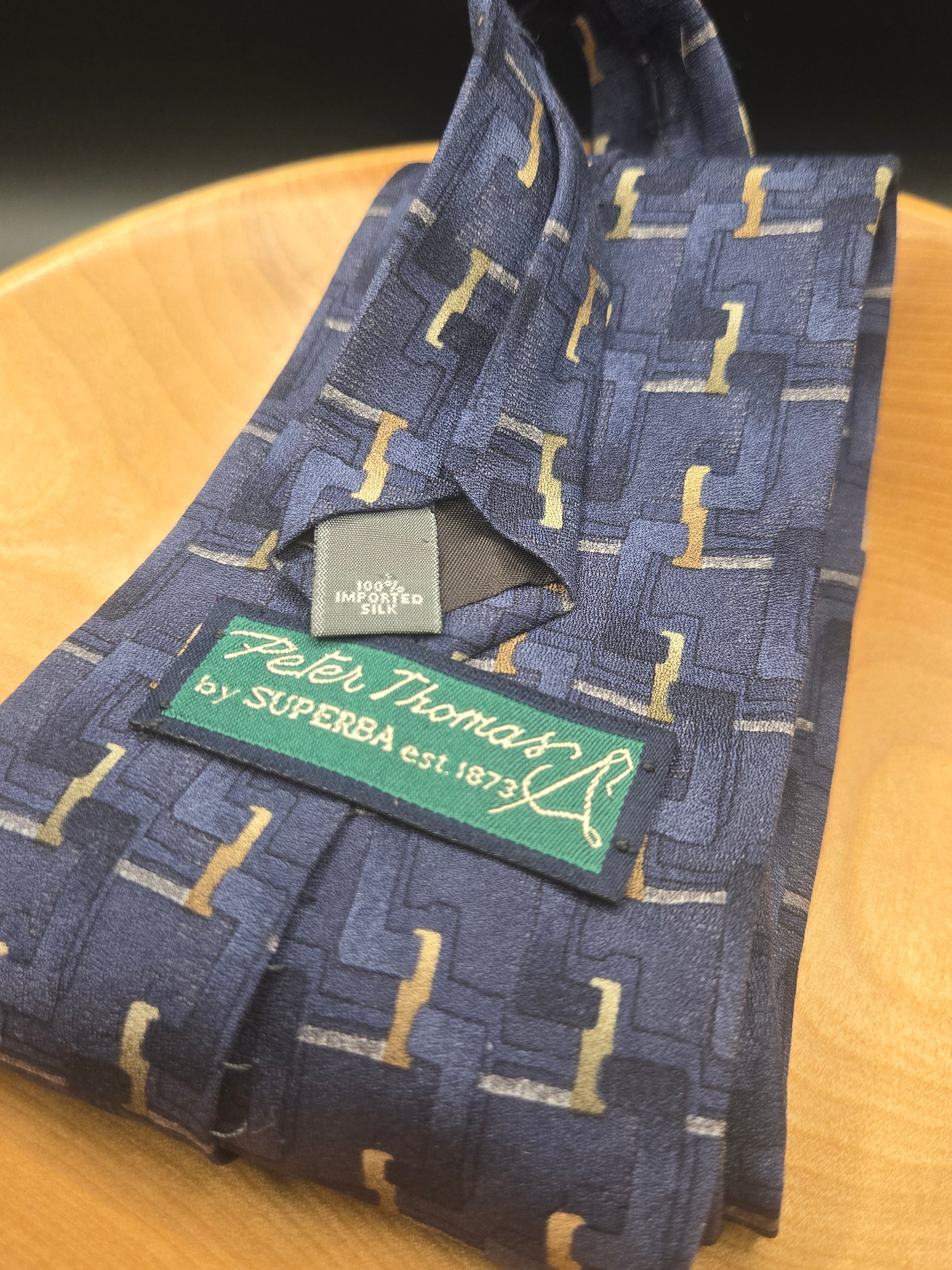 Peter Thomas Silk Tie - Geometric Pattern Blue with Gold Accents