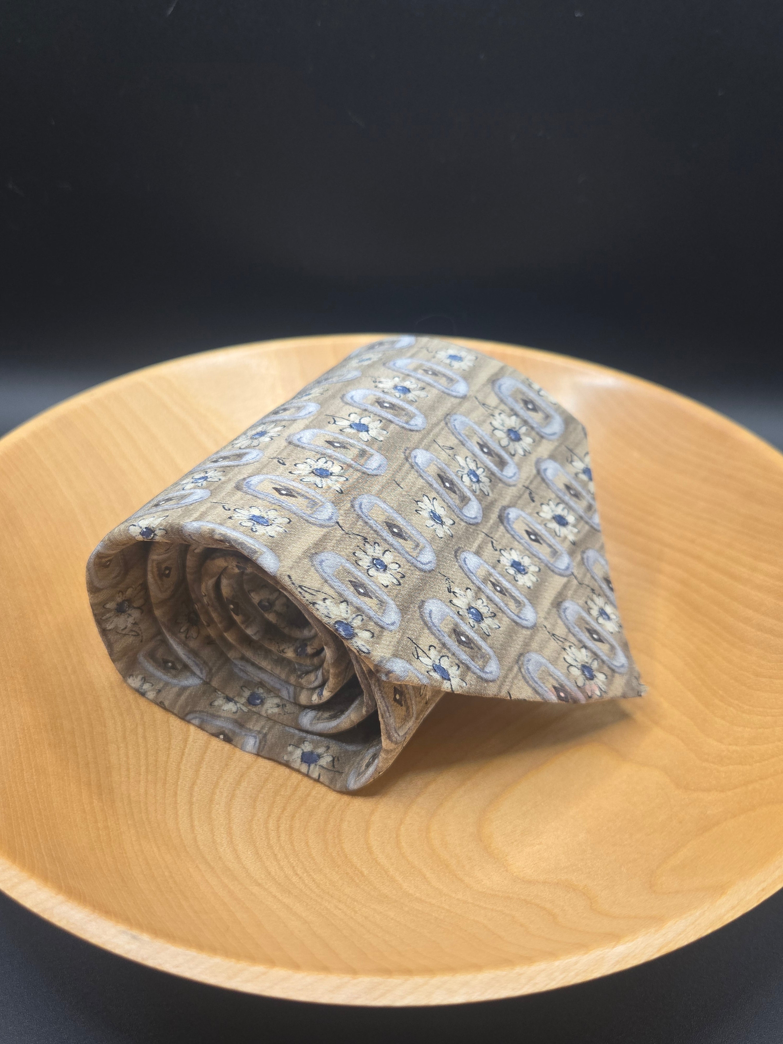 Cambridge Silk Tan Tie - Blue Abstract with Yellow Floral