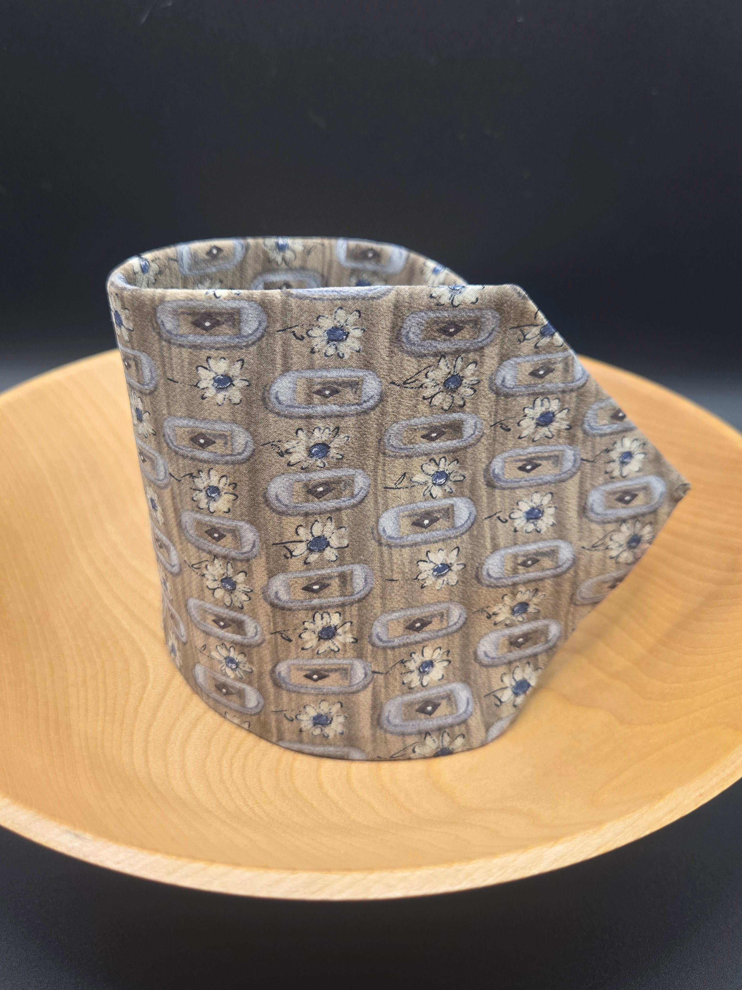 Cambridge Silk Tan Tie - Blue Abstract with Yellow Floral