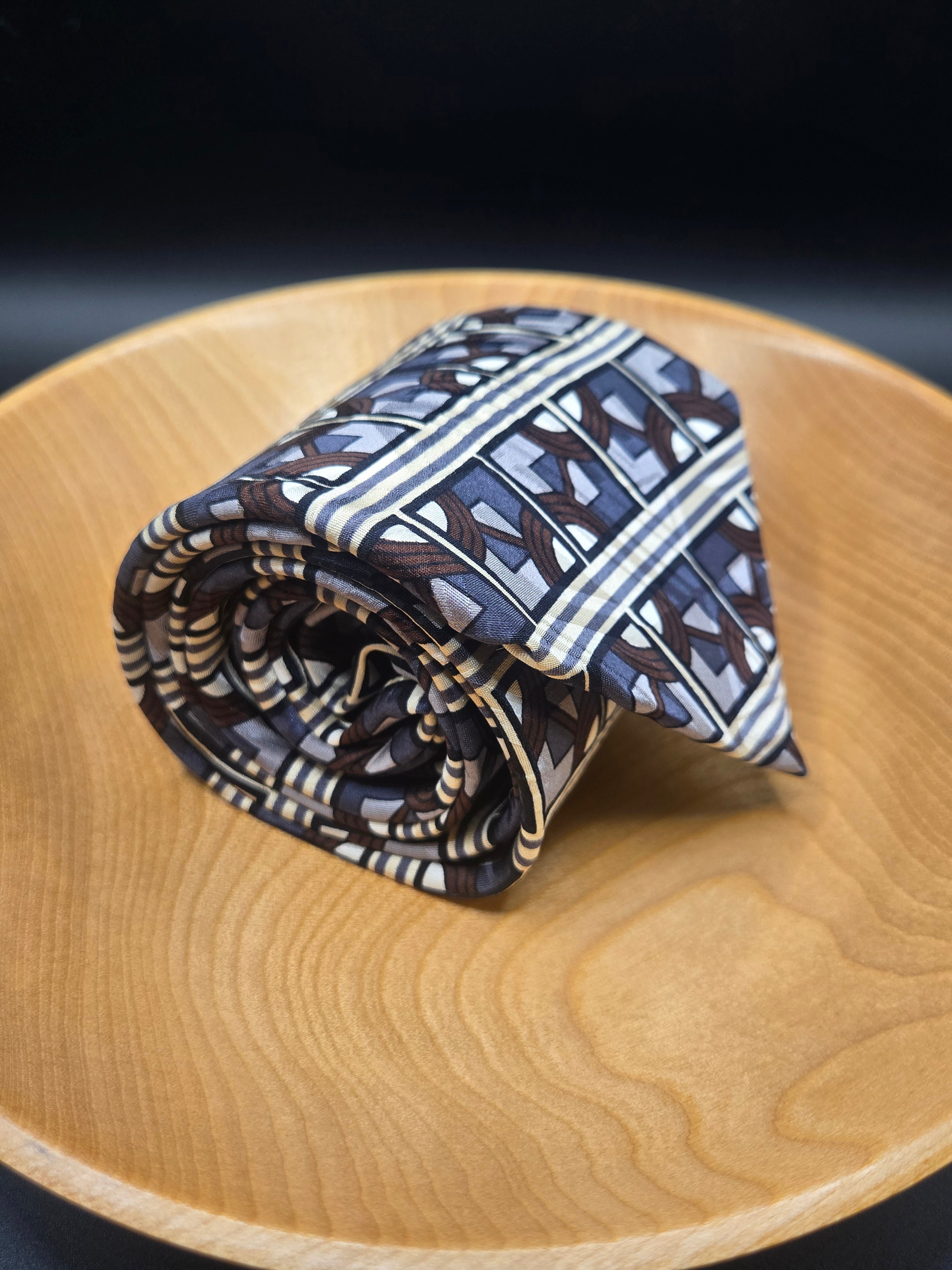 Martin Wong Art Deco Silk Tie - Blue Brown Gold Geometric