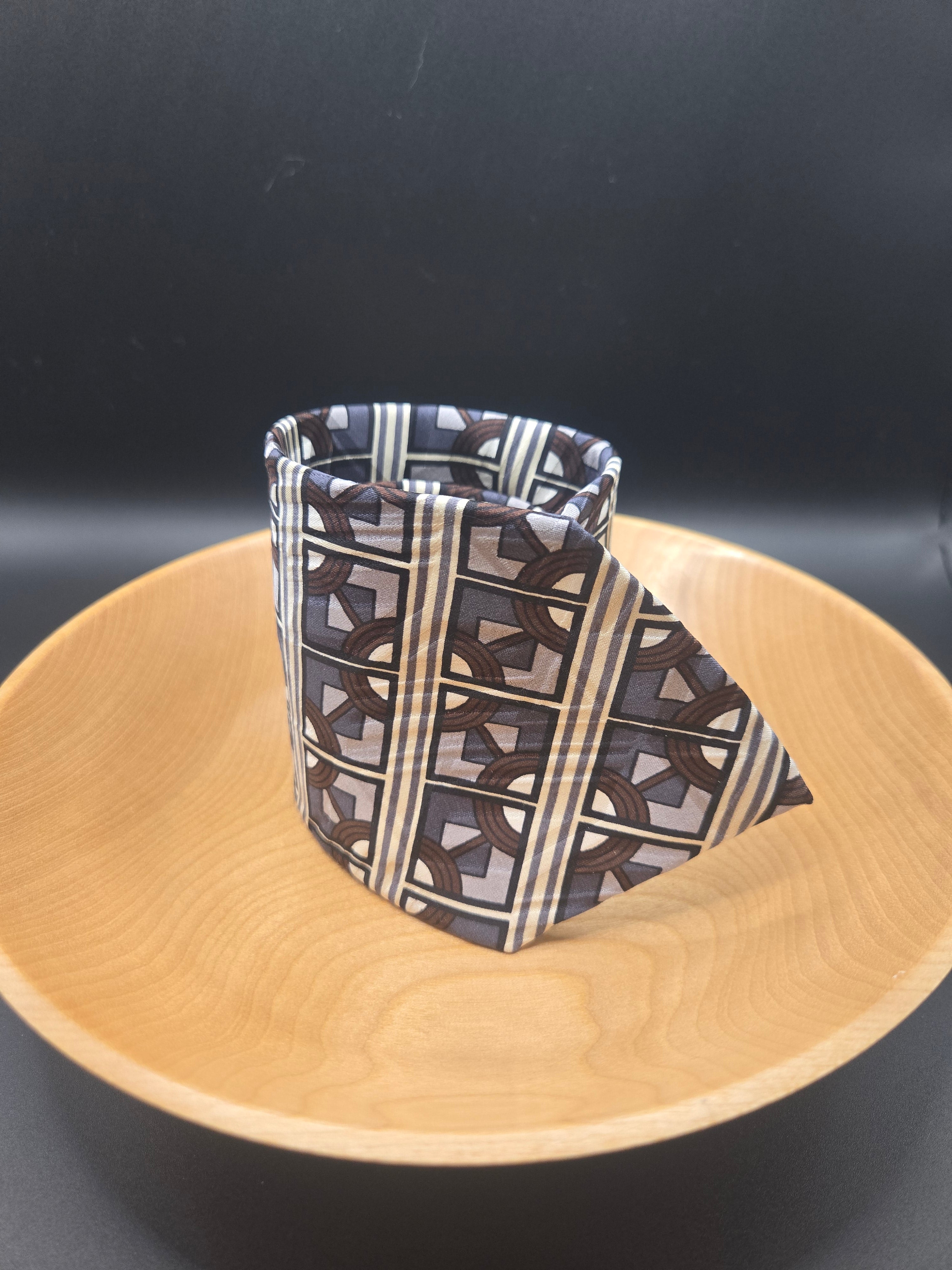 Martin Wong Art Deco Silk Tie - Blue Brown Gold Geometric