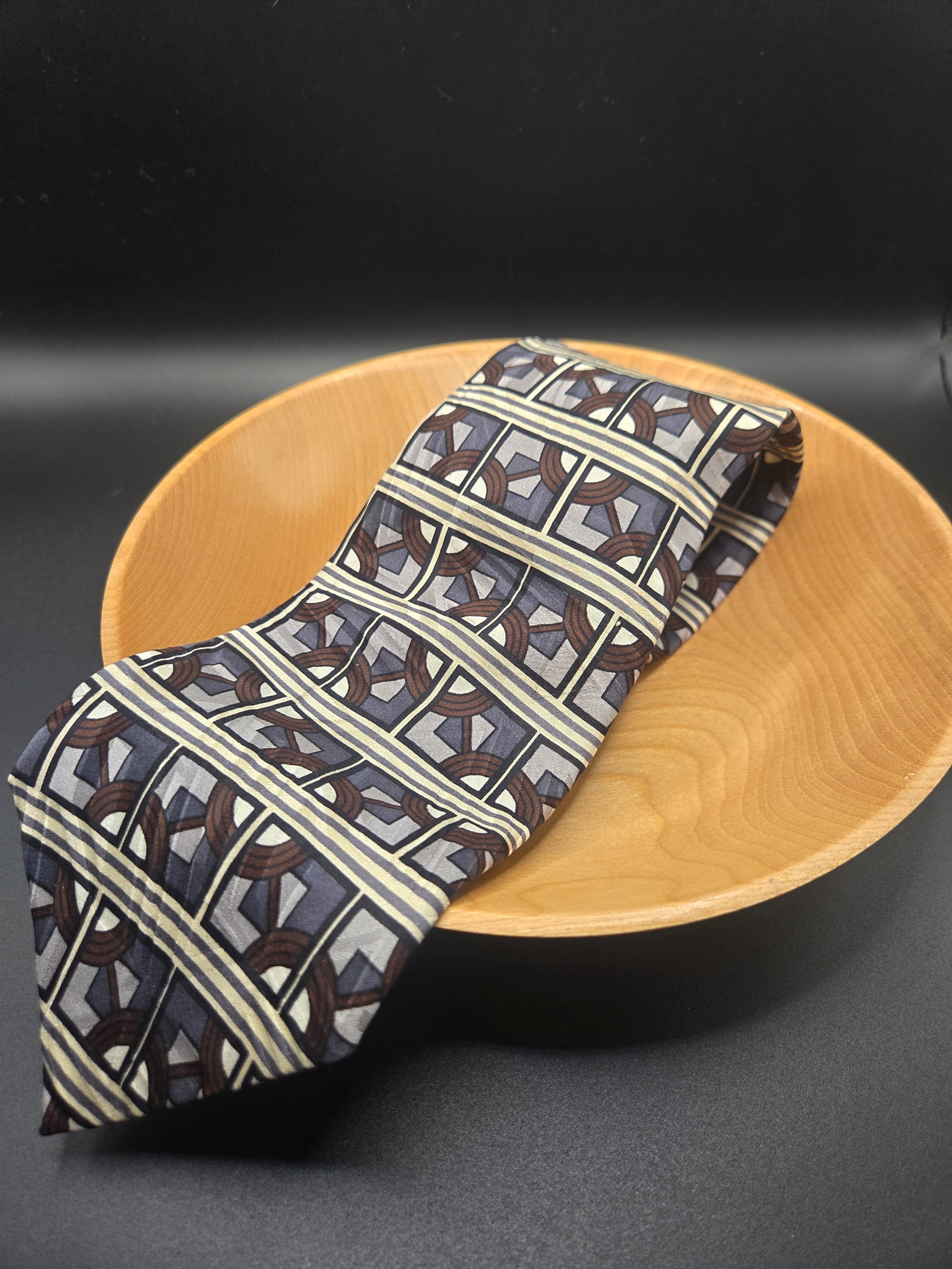 Martin Wong Art Deco Silk Tie - Blue Brown Gold Geometric