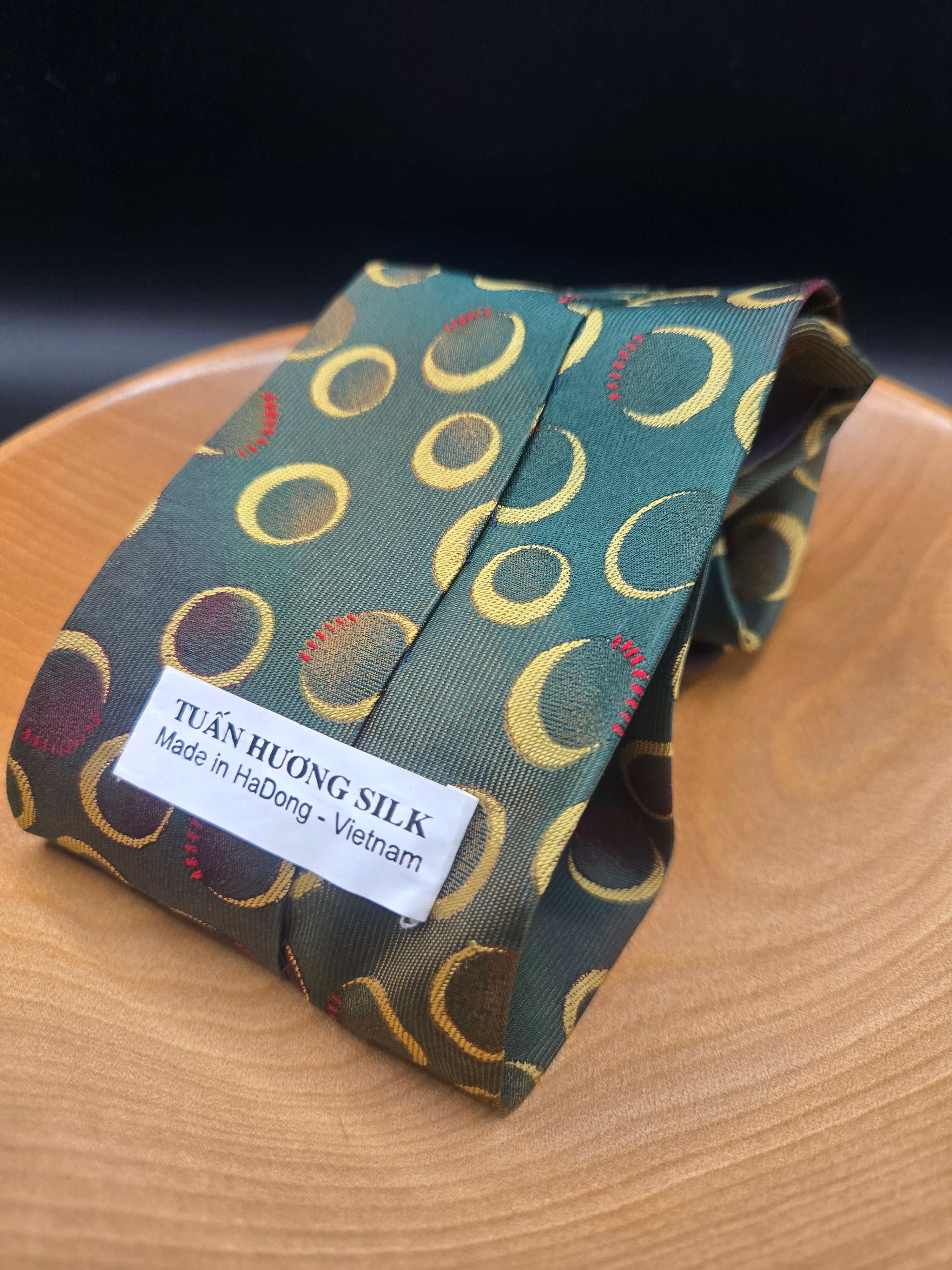 Vietnamese Silk Tie - Green with Golden Moon Design