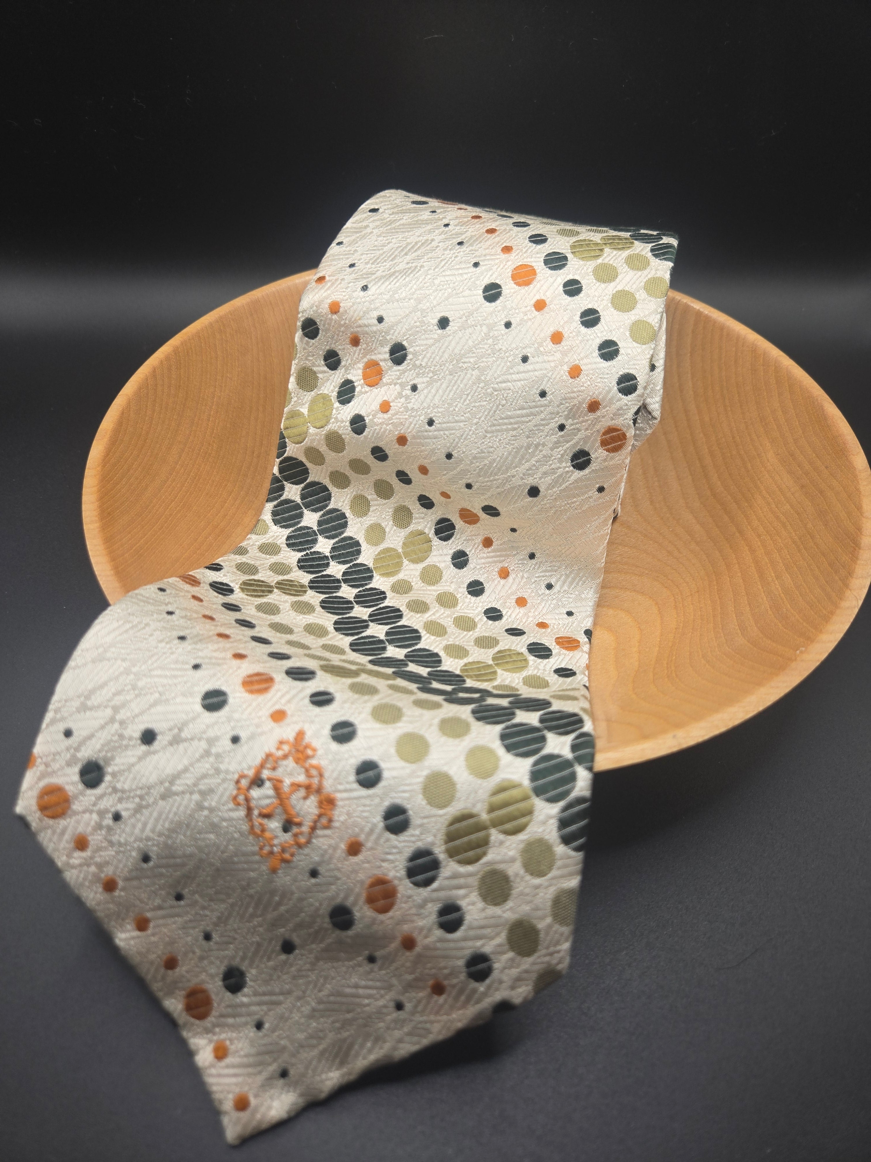 Vintage x'Andrini Oversized Silk Tie – White Multi-Color Polka Dots