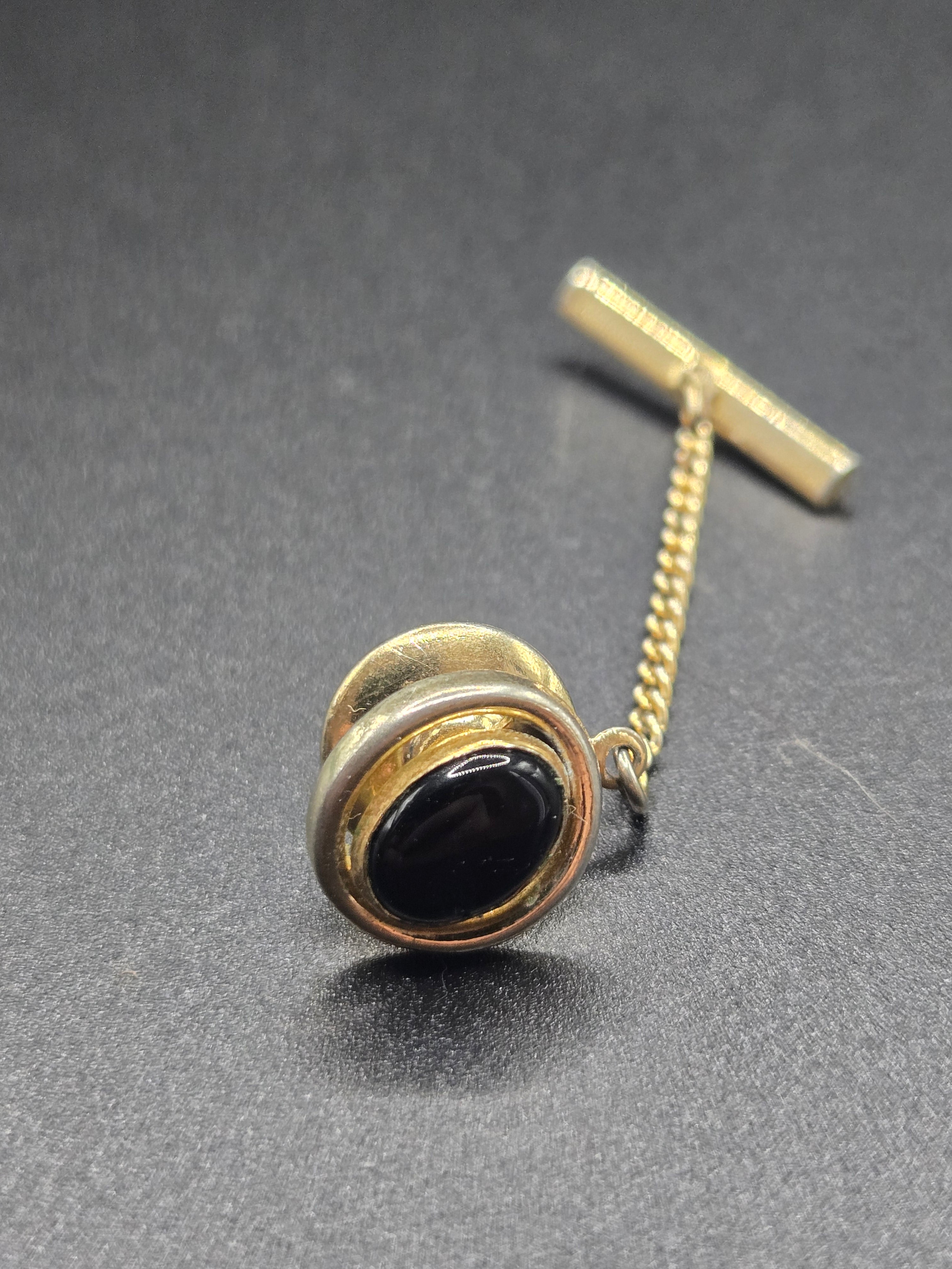 Vintage Gold Plate Tie Pin - Oval Black Onyx Stone Center