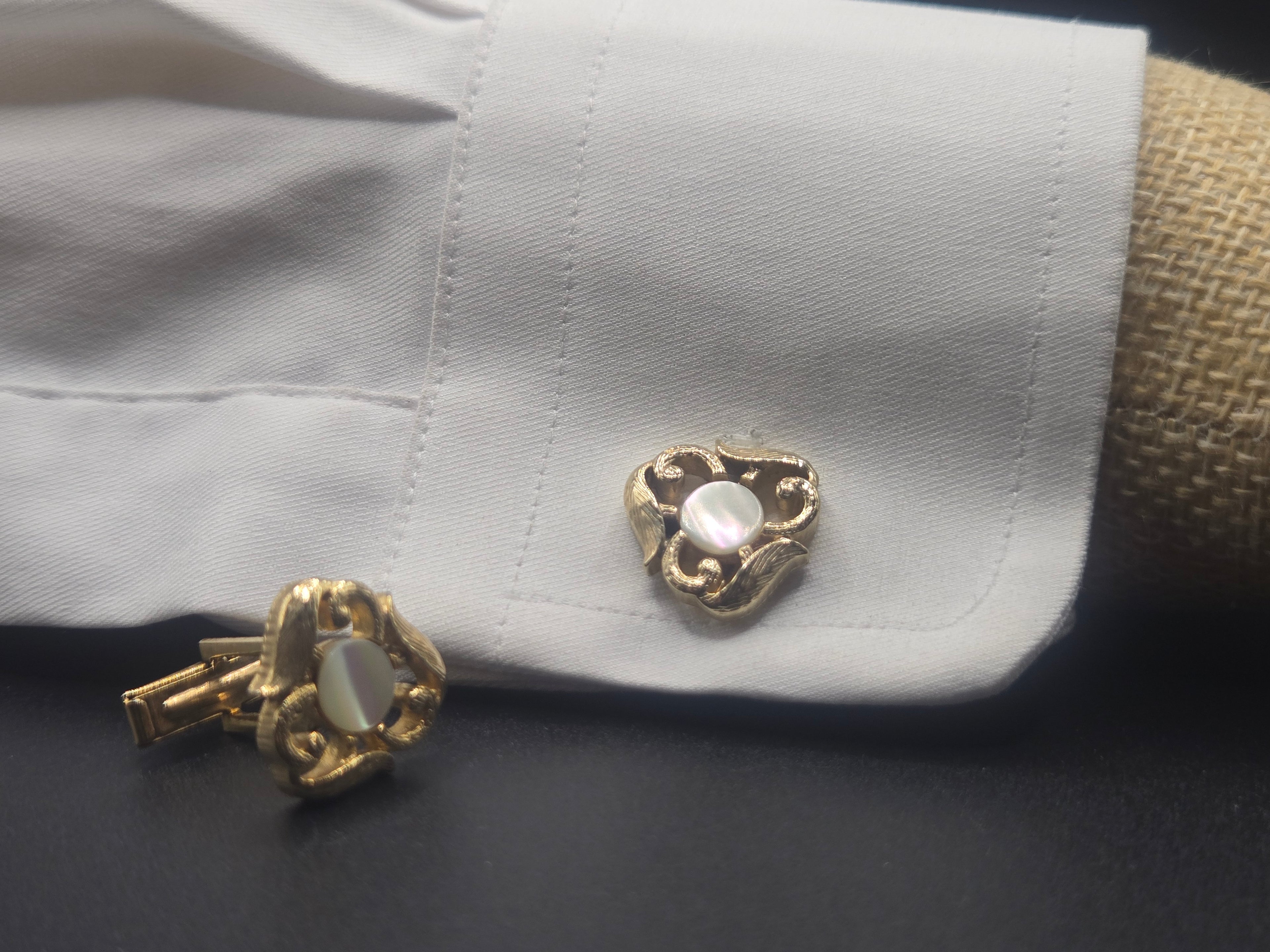 Simmons Gold Tone Mother of Pearl Cufflinks - Ornate Flat Swivel