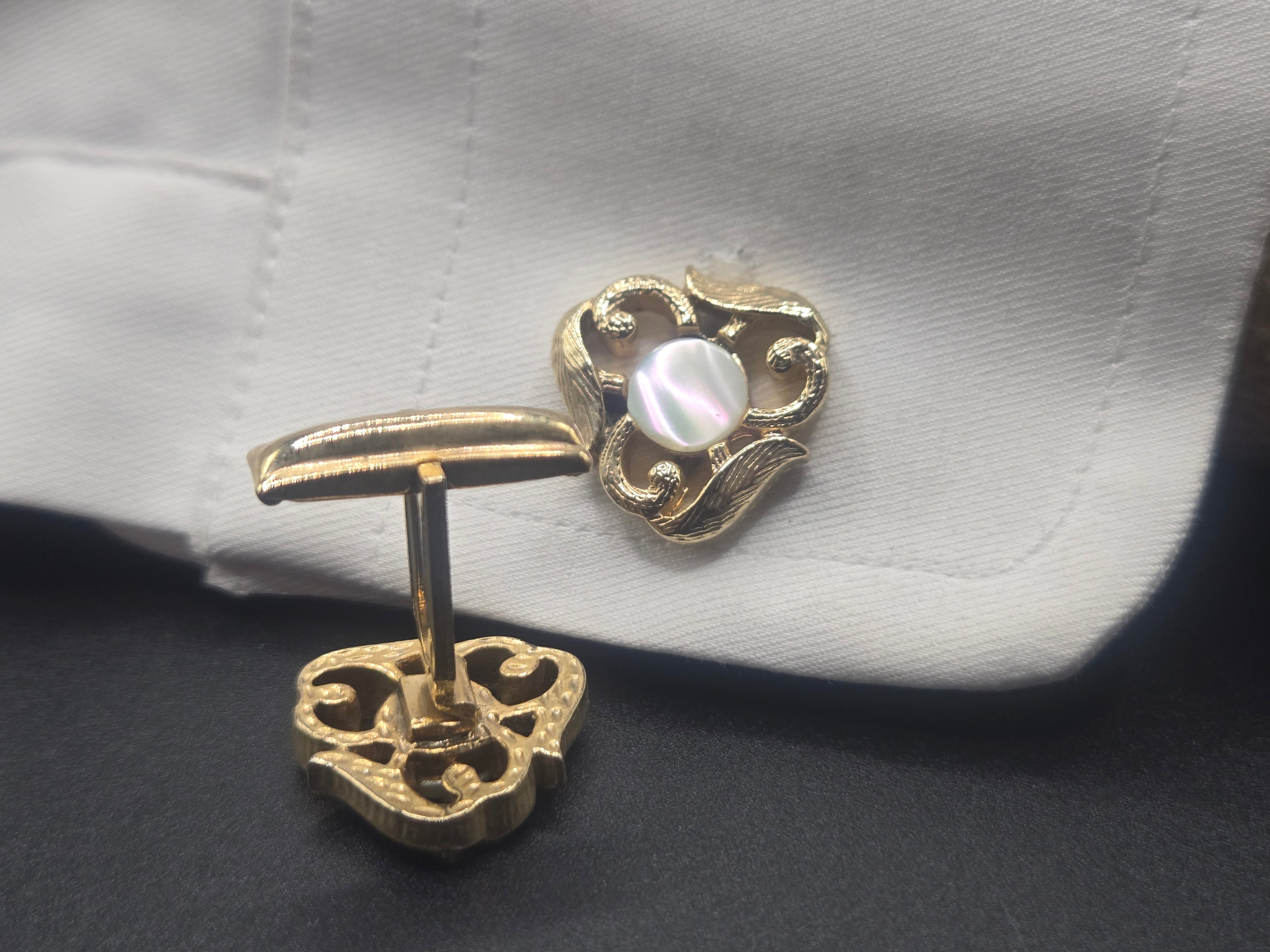 Simmons Gold Tone Mother of Pearl Cufflinks - Ornate Flat Swivel