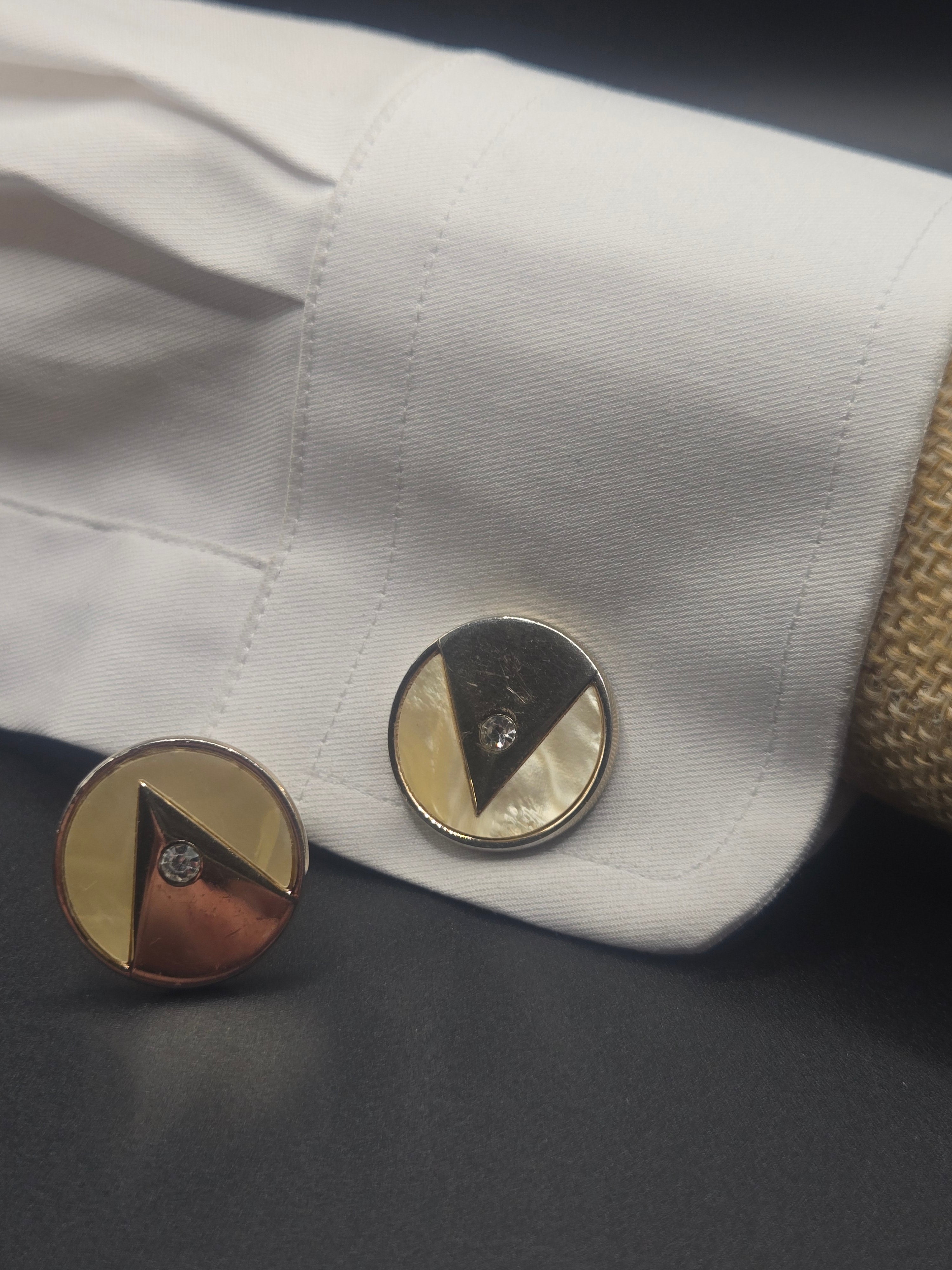 Modernist Gold Tone Cufflinks with Mother of Pearl & Rhinestone