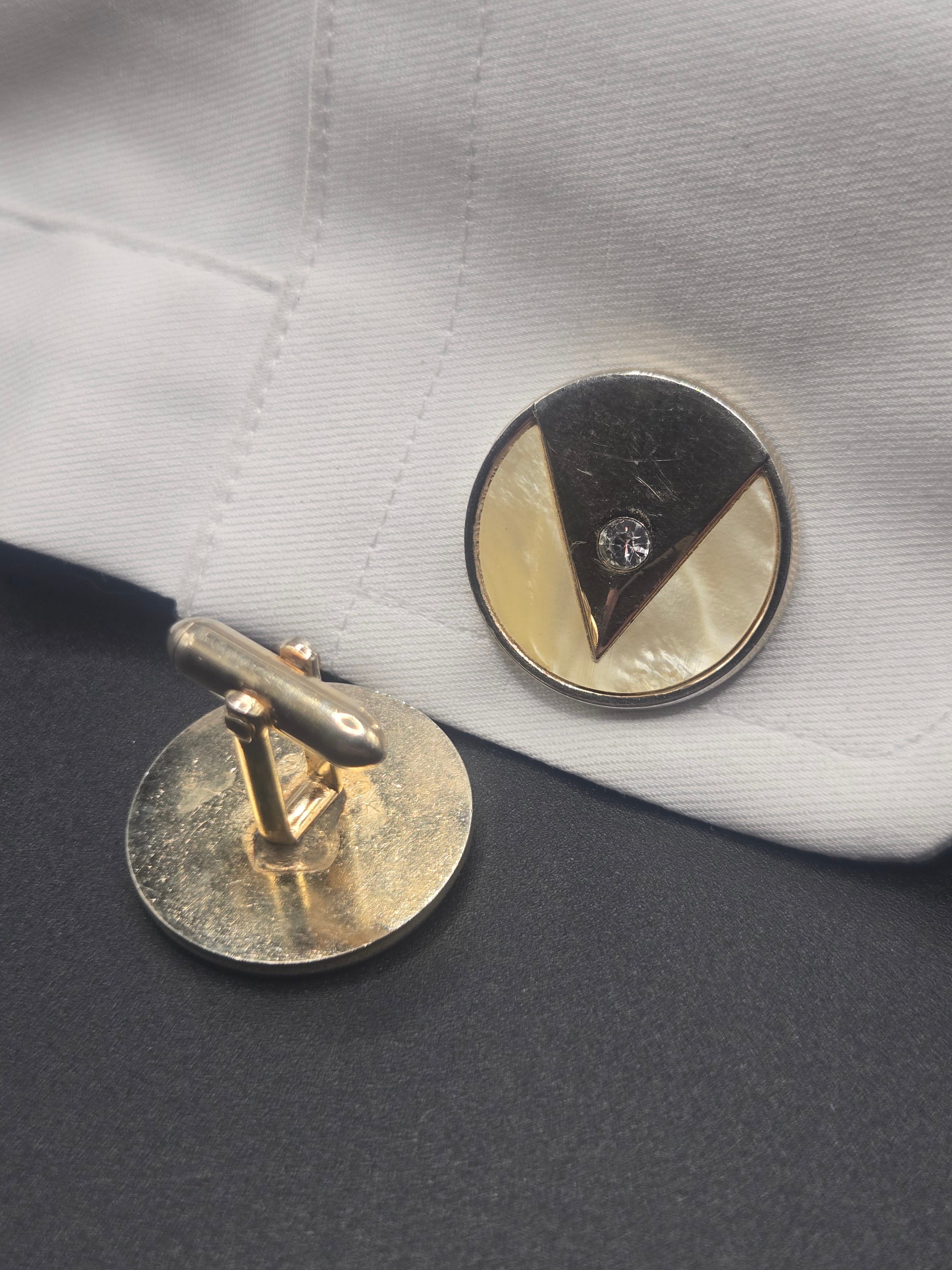 Modernist Gold Tone Cufflinks with Mother of Pearl & Rhinestone