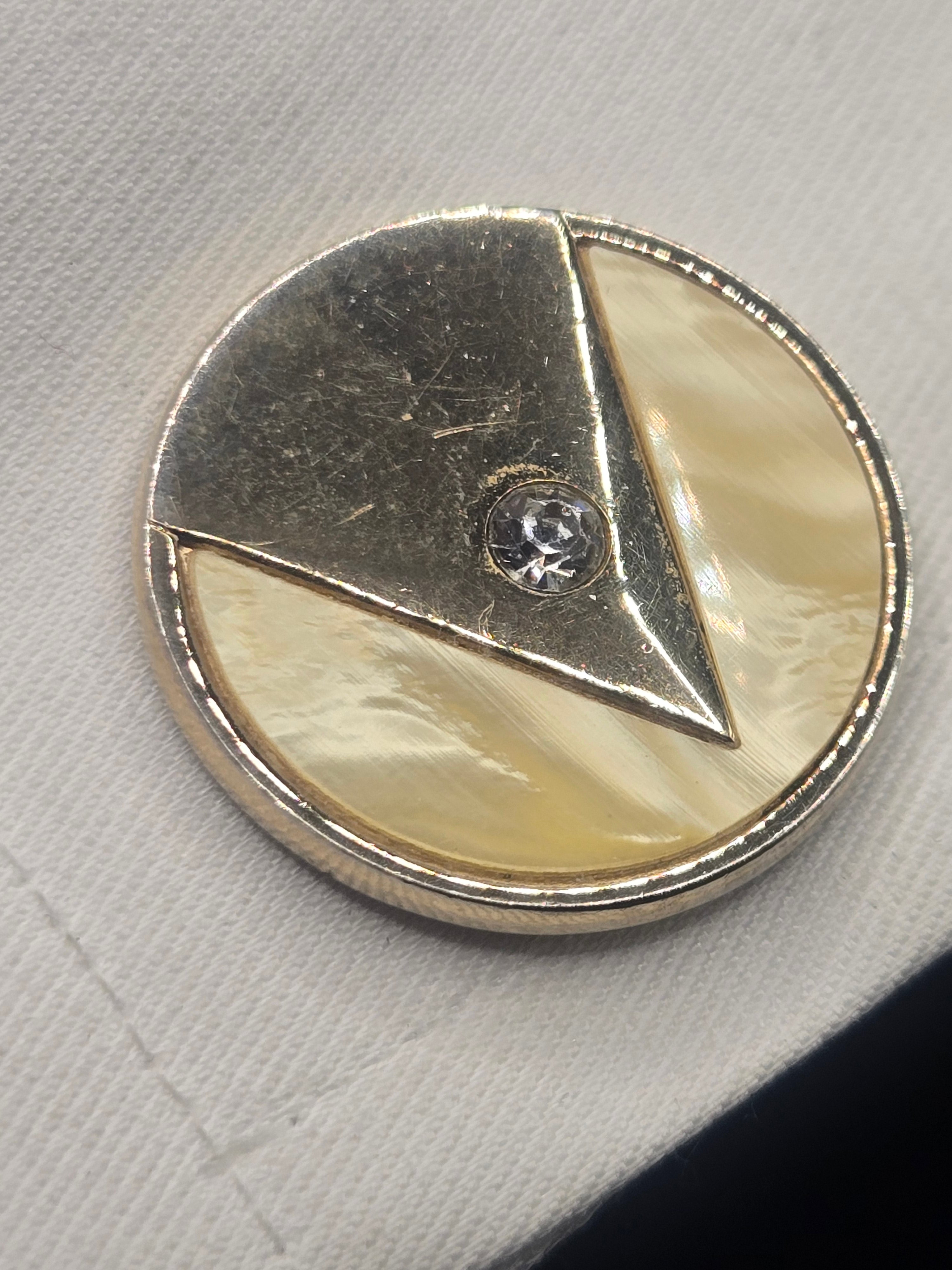 Modernist Gold Tone Cufflinks with Mother of Pearl & Rhinestone