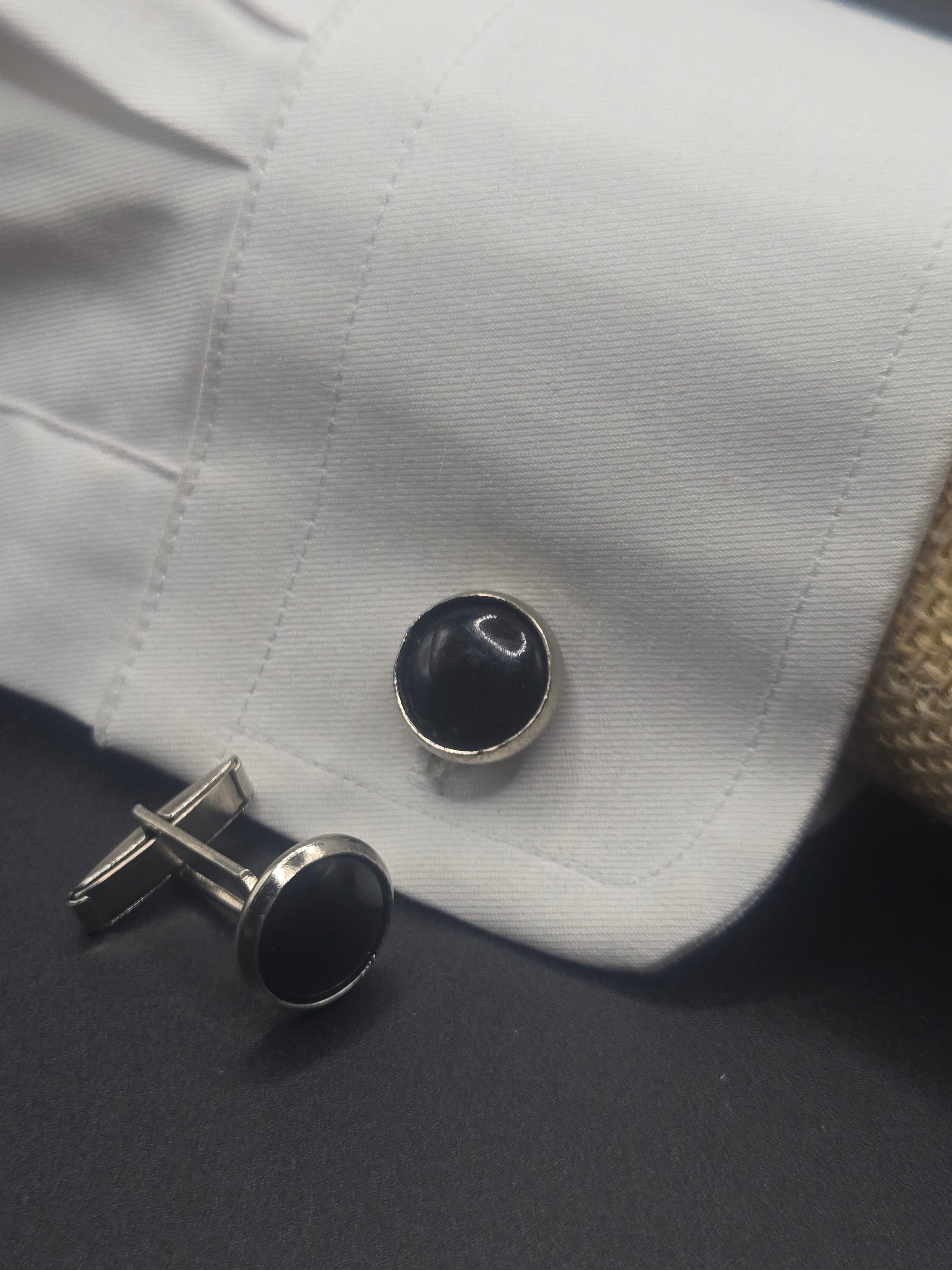 Silver Tone Cufflinks with Black Stone