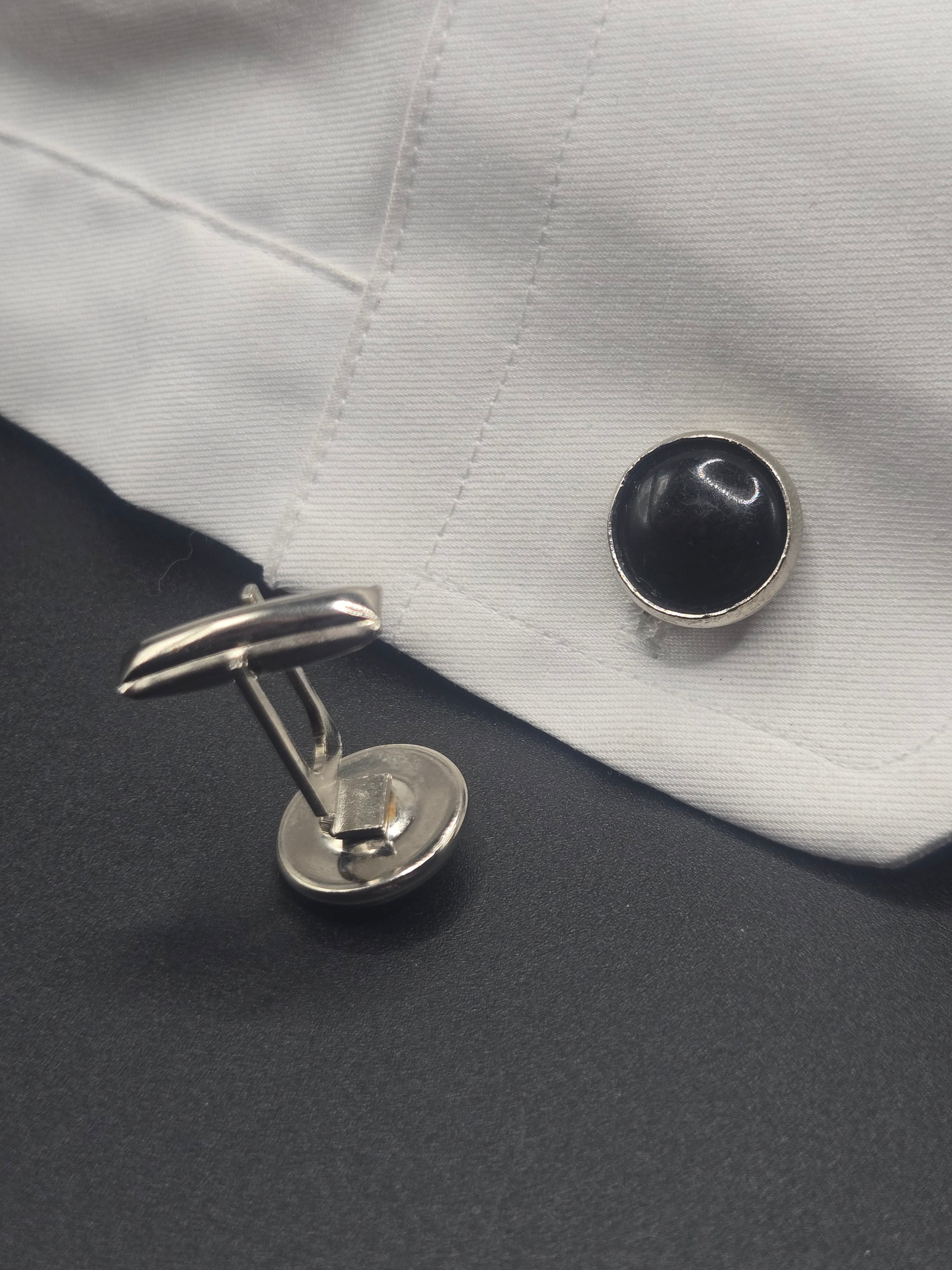 Silver Tone Cufflinks with Black Stone