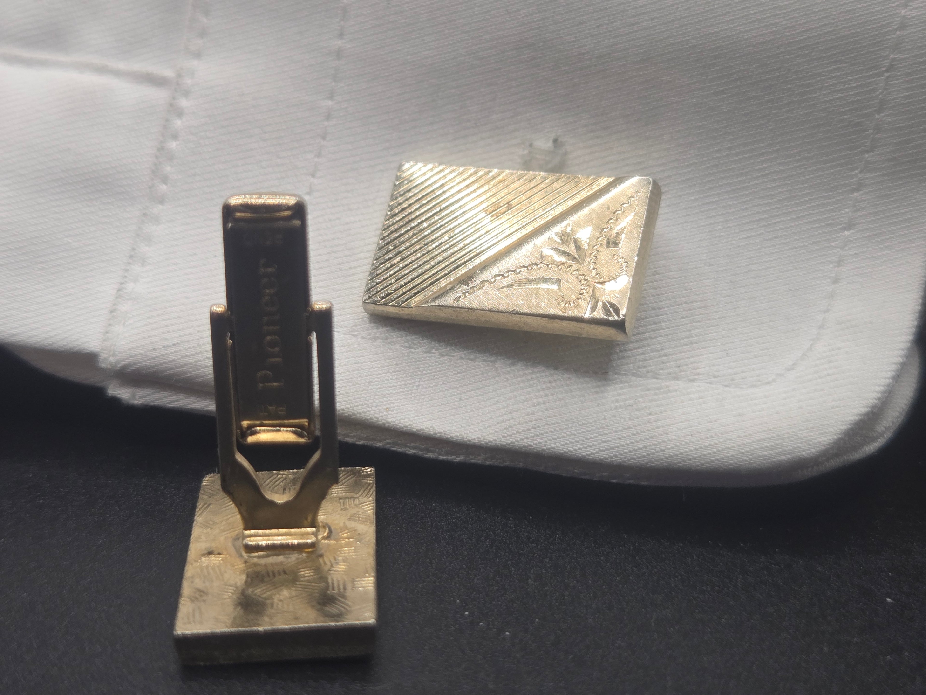 Vintage Pioneer Cufflinks – Gold Tone Rectangular with Etched Floral