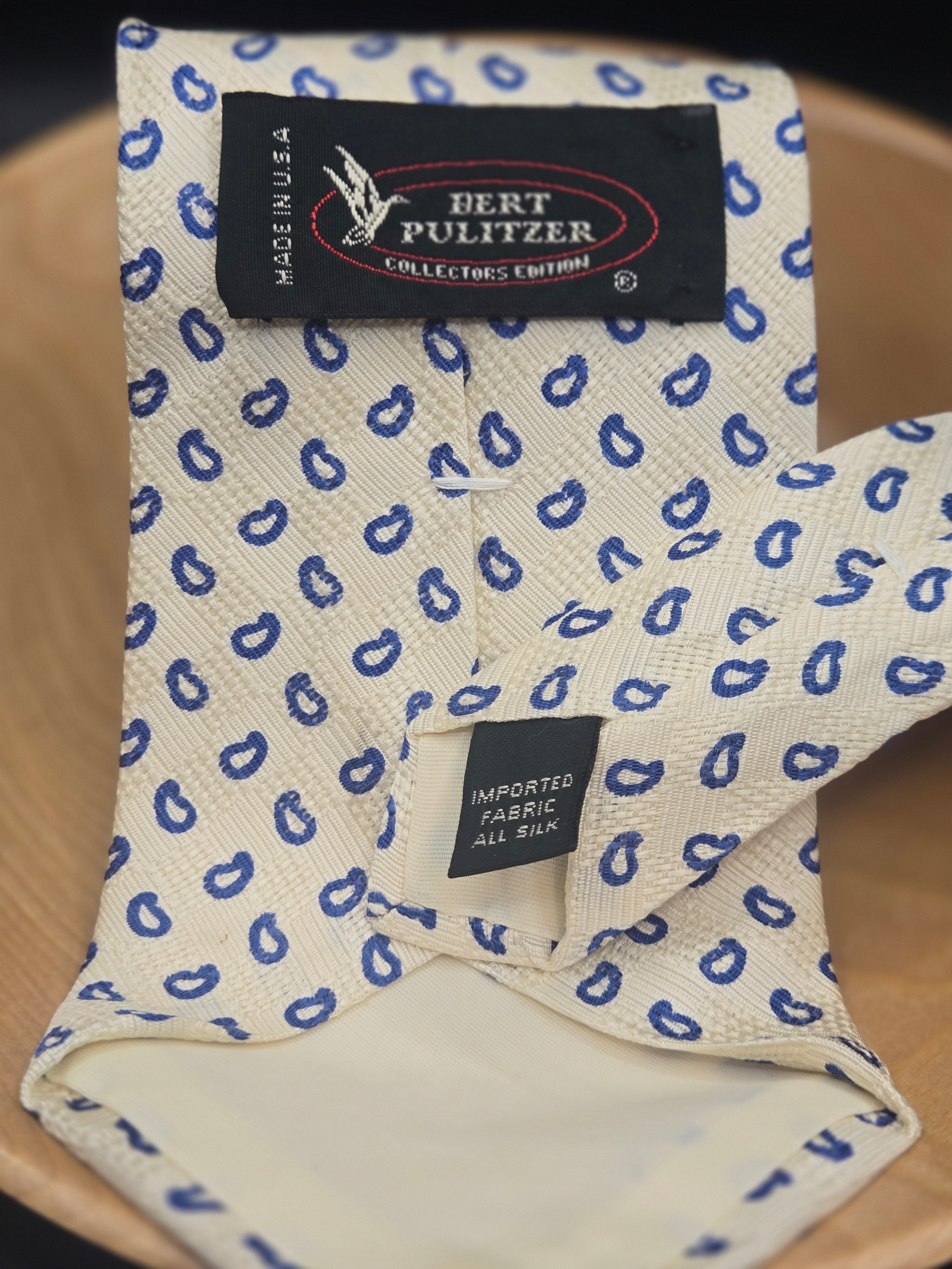 Burt Pulitzer White Blue Paisley Silk Tie