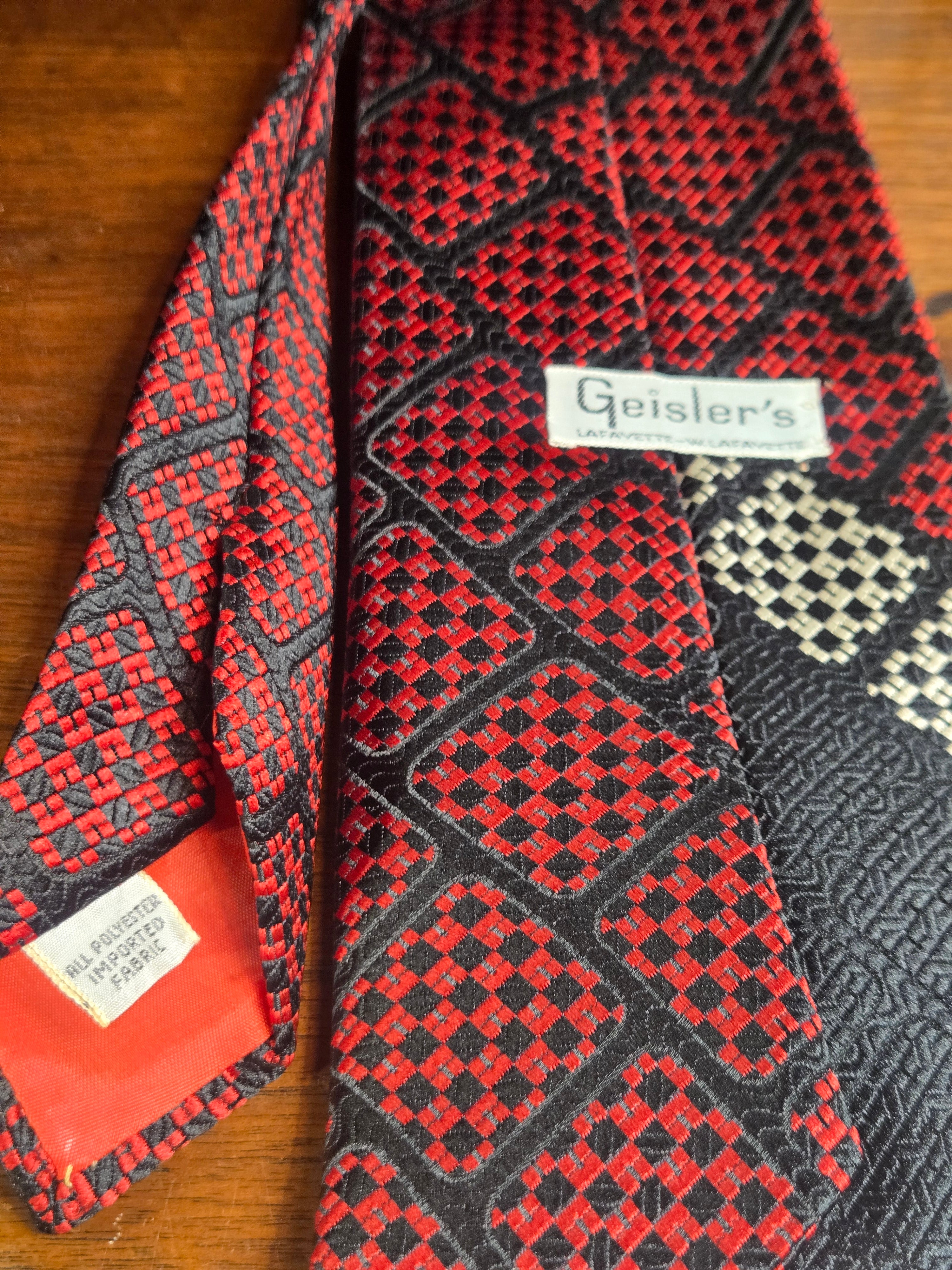 Geisler Polyester Tie | Red, Black & White Checkered Stripe
