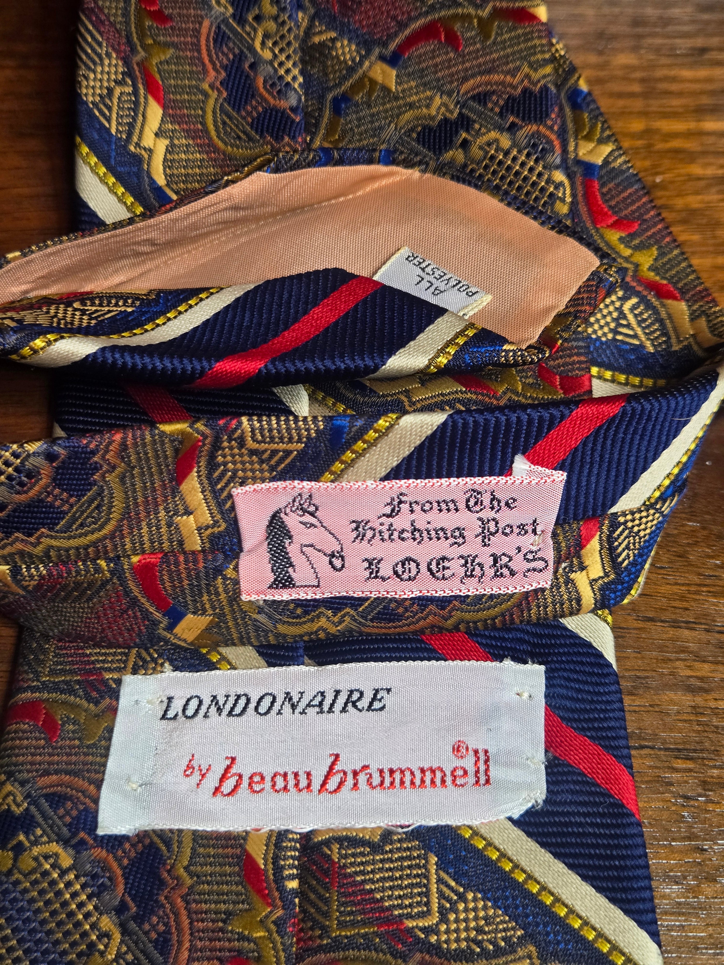 Beau Brummell Polyester Tie | Red, Blue & Gold Diagonal Stripe with Gem Pattern