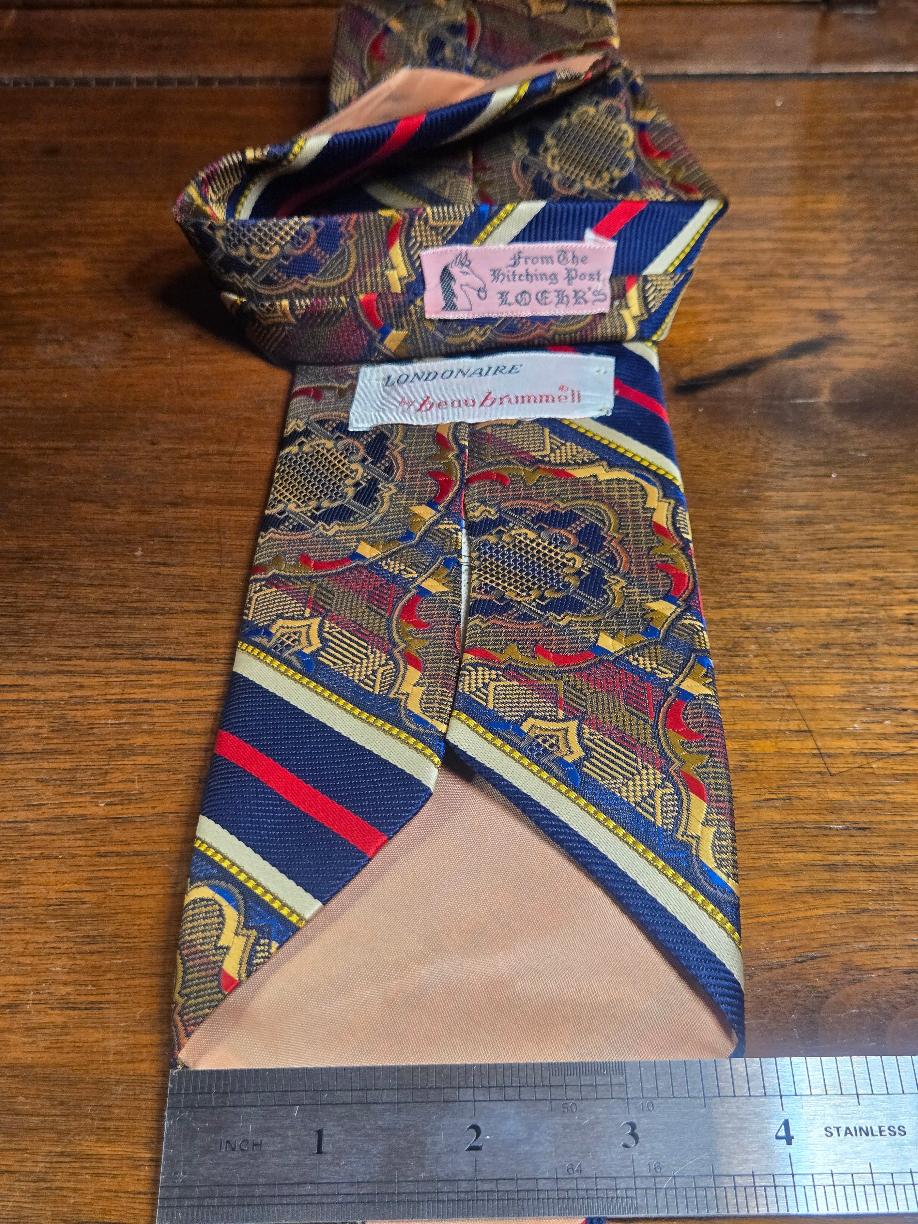 Beau Brummell Polyester Tie | Red, Blue & Gold Diagonal Stripe with Gem Pattern