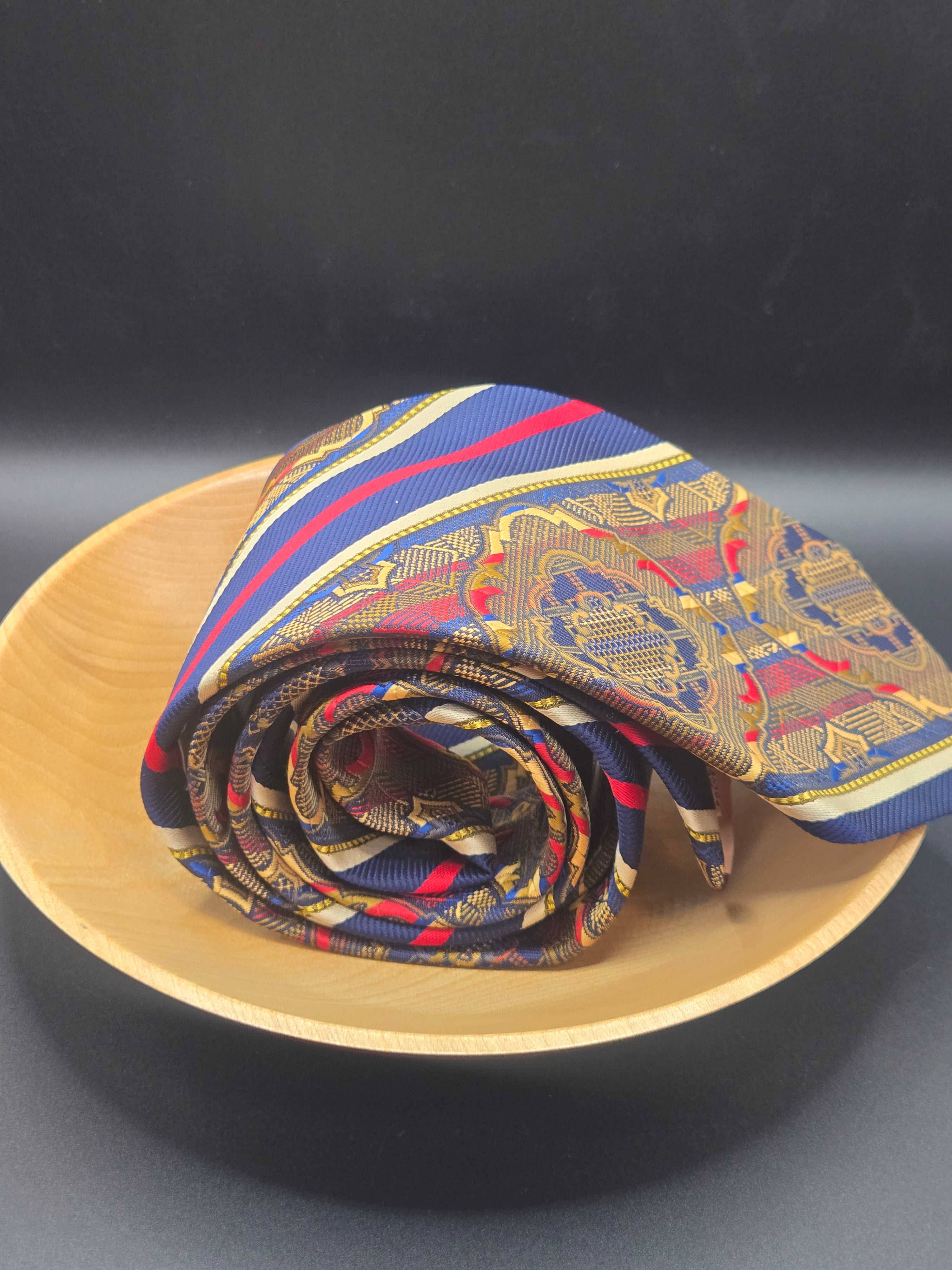 Beau Brummell Polyester Tie | Red, Blue & Gold Diagonal Stripe with Gem Pattern