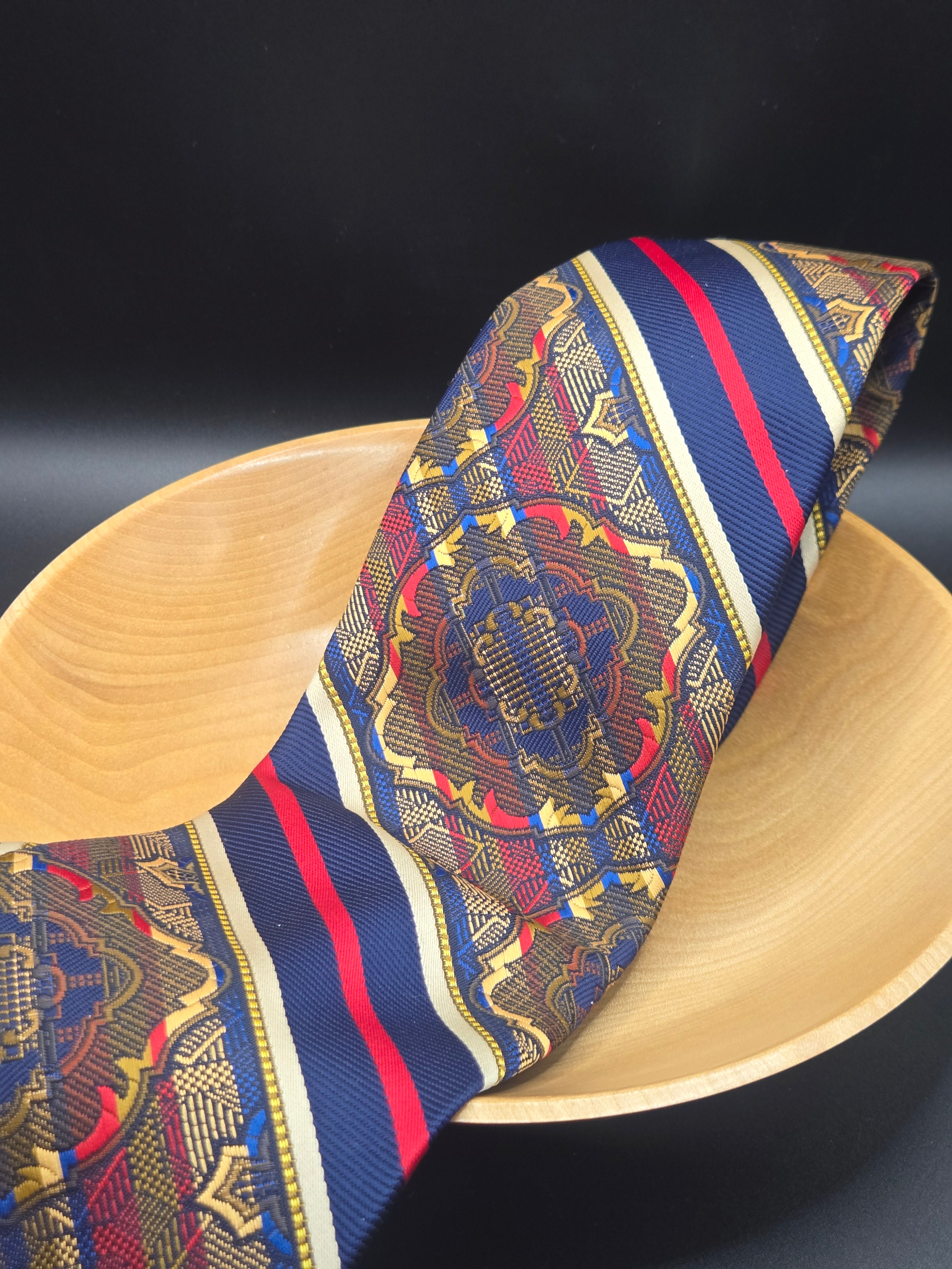 Beau Brummell Polyester Tie | Red, Blue & Gold Diagonal Stripe with Gem Pattern