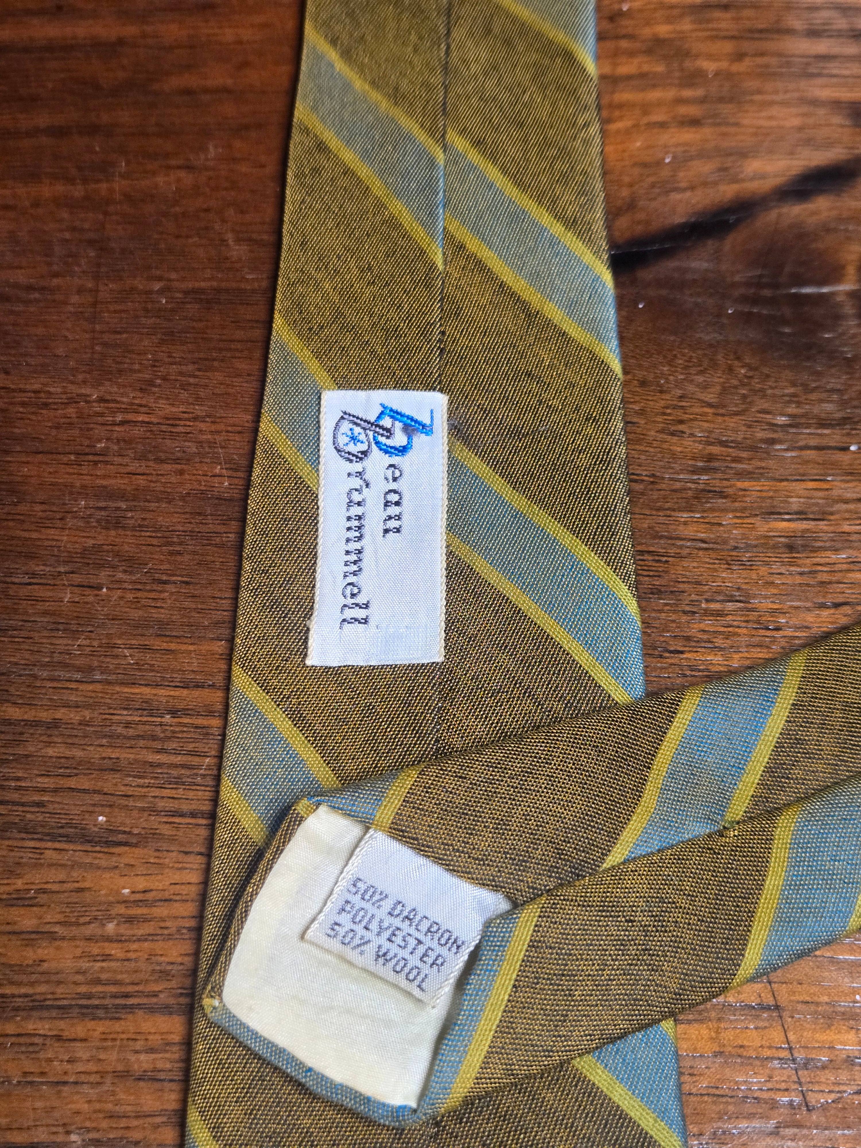 Beau Brummell Mixed Fabric Skinny Tie | Olive, Yellow & Light Blue Diagonal Stripe