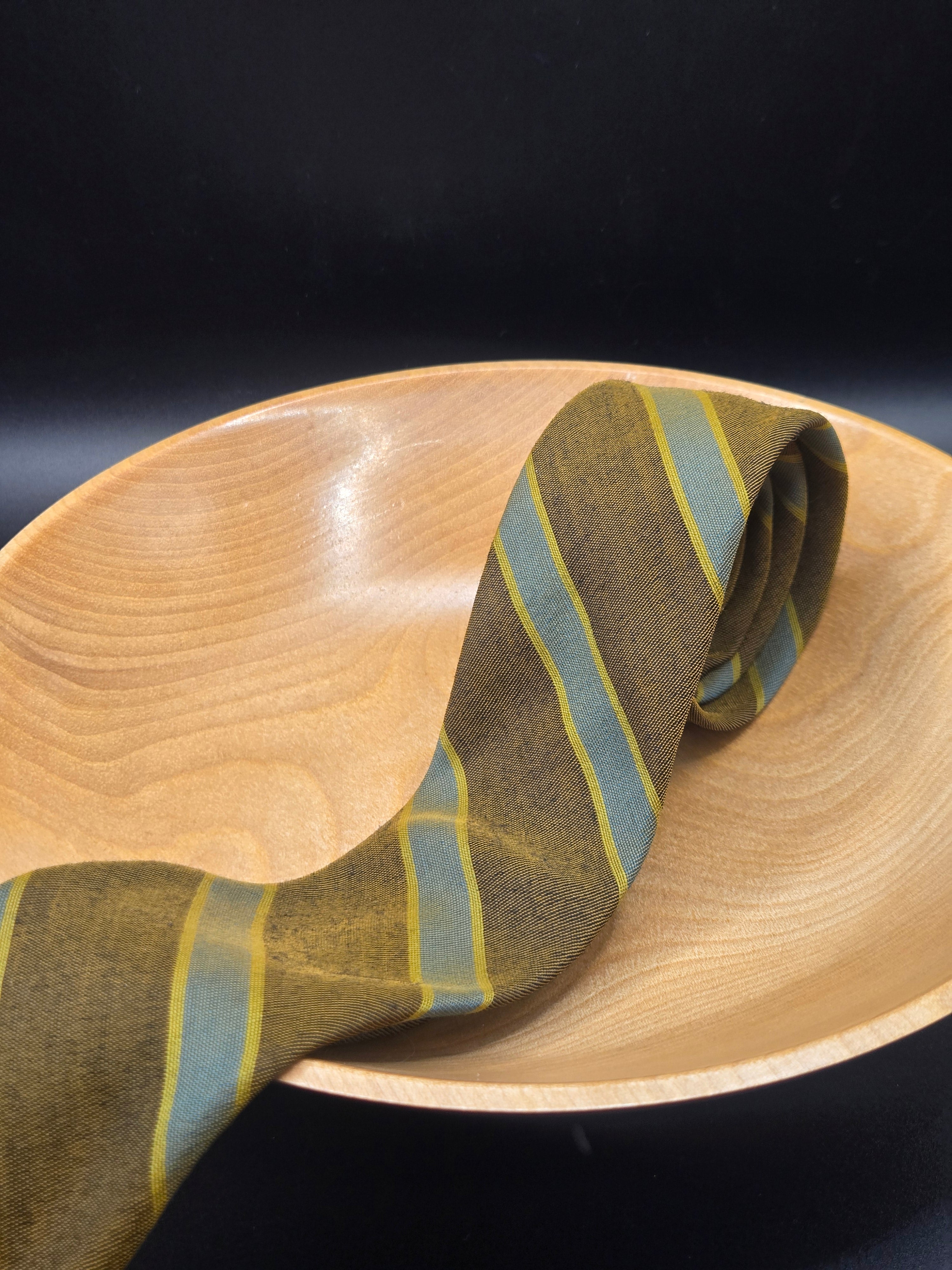 Beau Brummell Mixed Fabric Skinny Tie | Olive, Yellow & Light Blue Diagonal Stripe