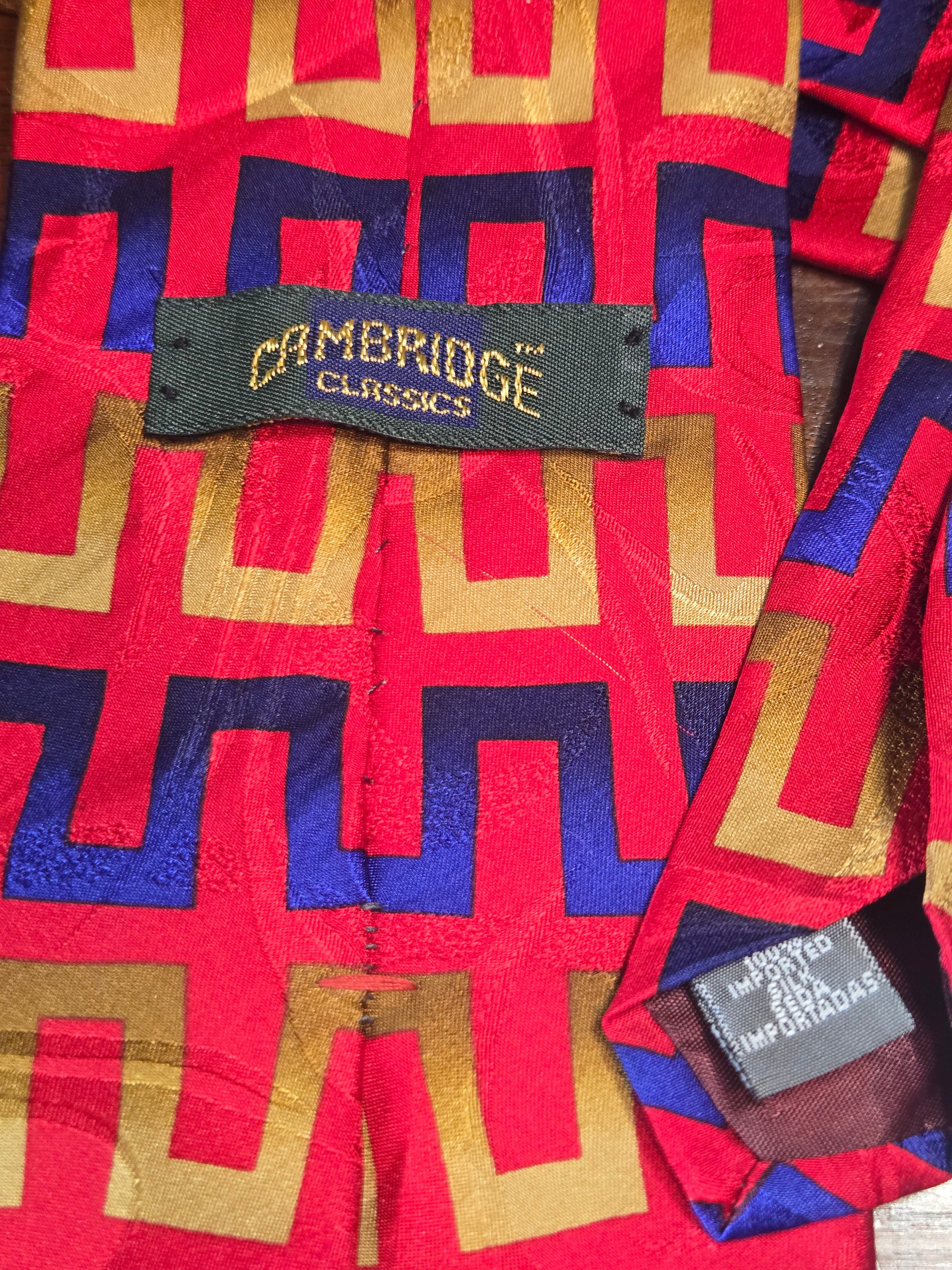 Cambridge Silk Tie | Red, Blue & Gold Geometric Pattern