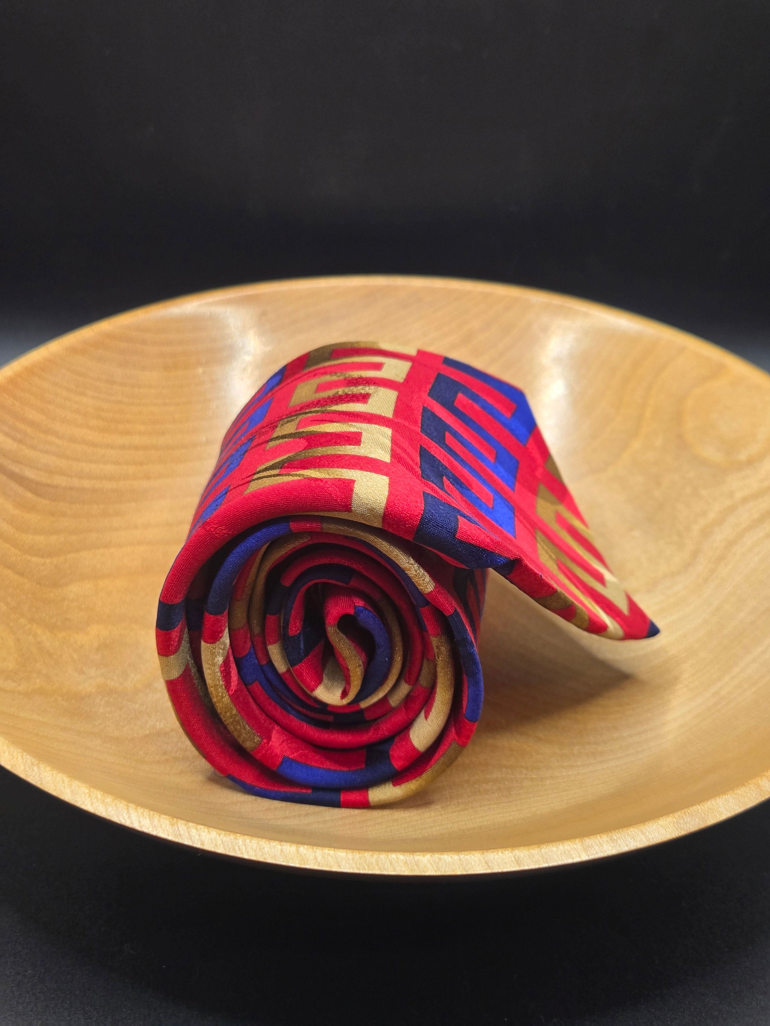 Cambridge Silk Tie | Red, Blue & Gold Geometric Pattern