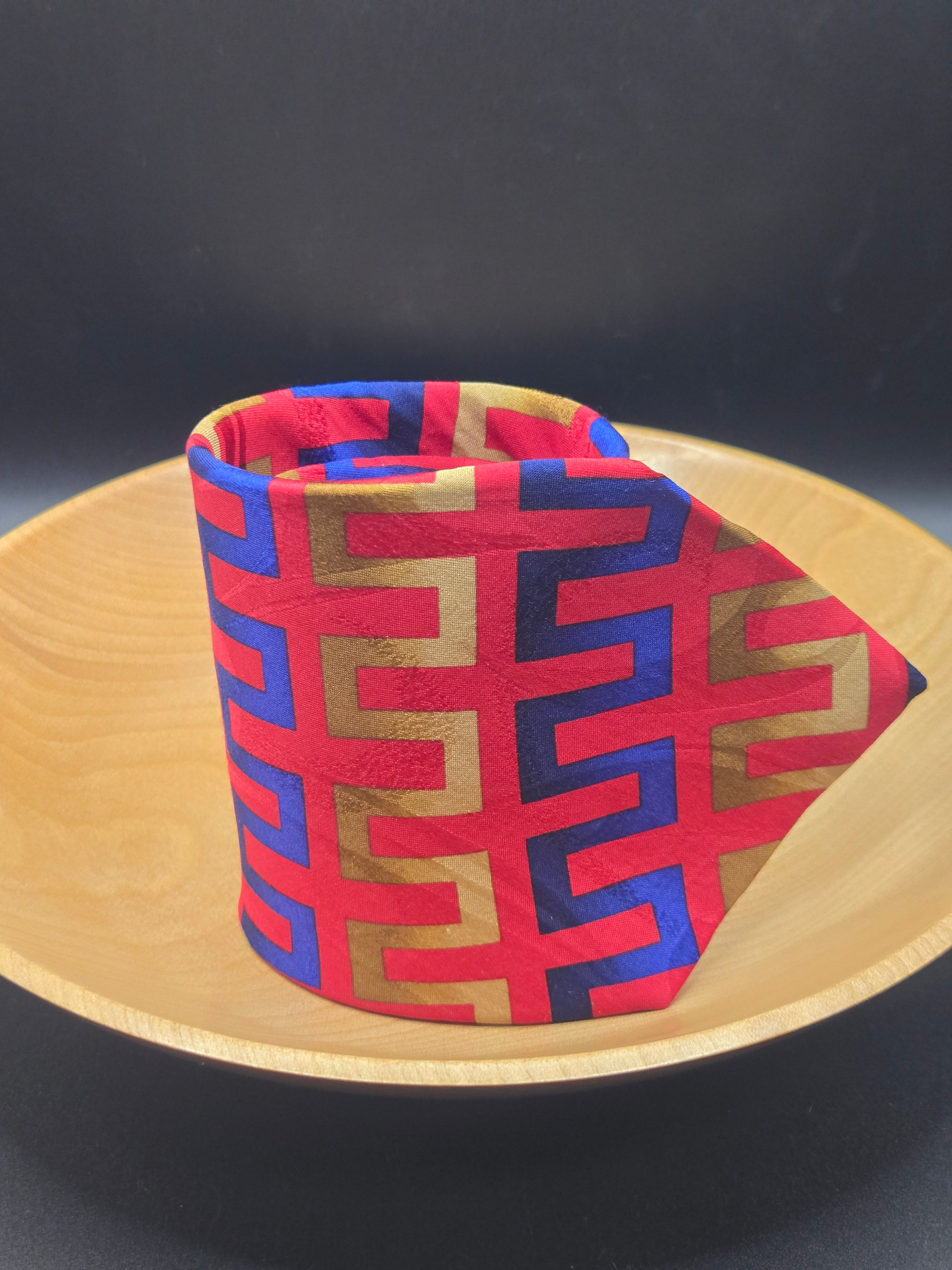 Cambridge Silk Tie | Red, Blue & Gold Geometric Pattern