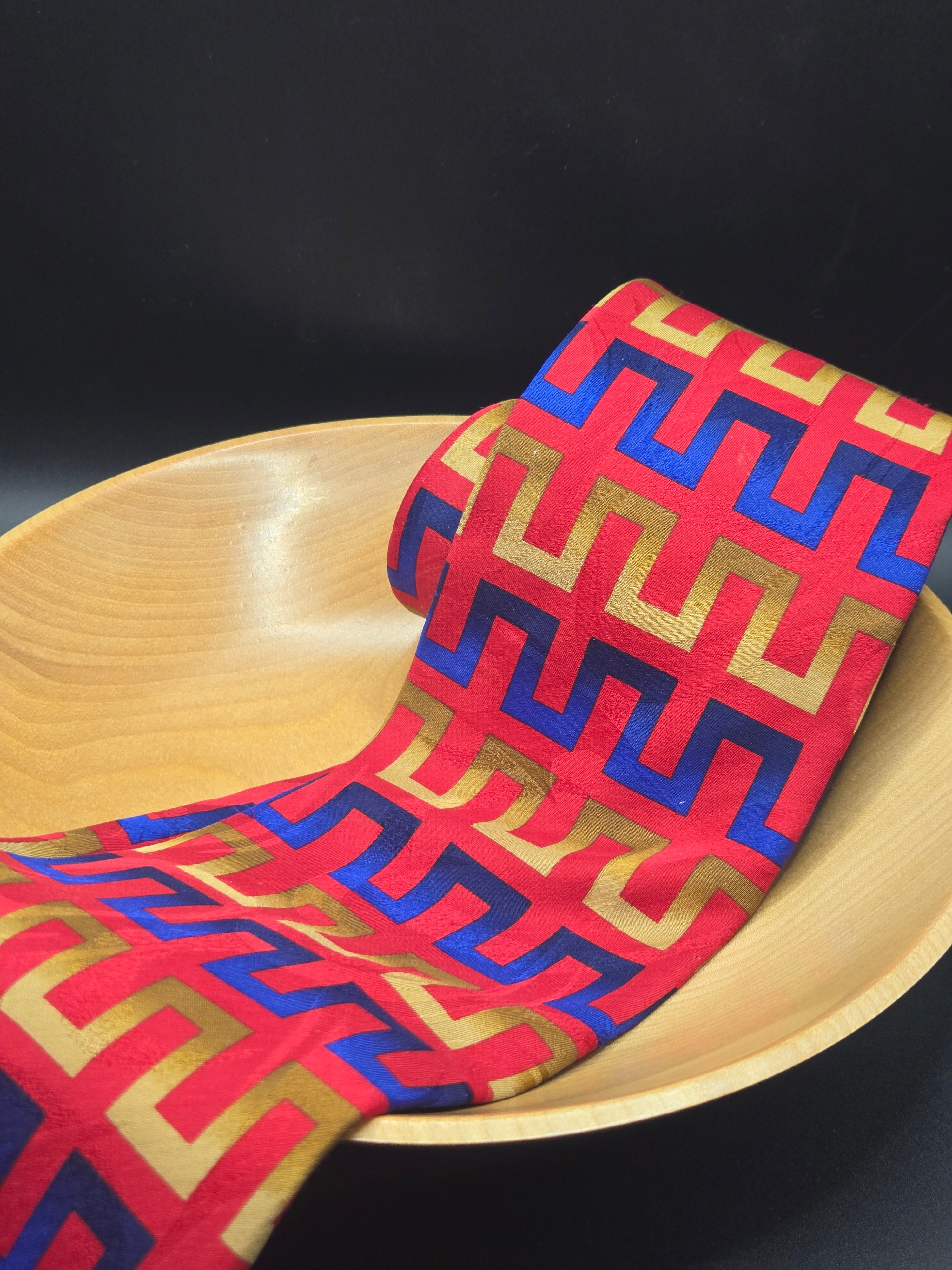 Cambridge Silk Tie | Red, Blue & Gold Geometric Pattern
