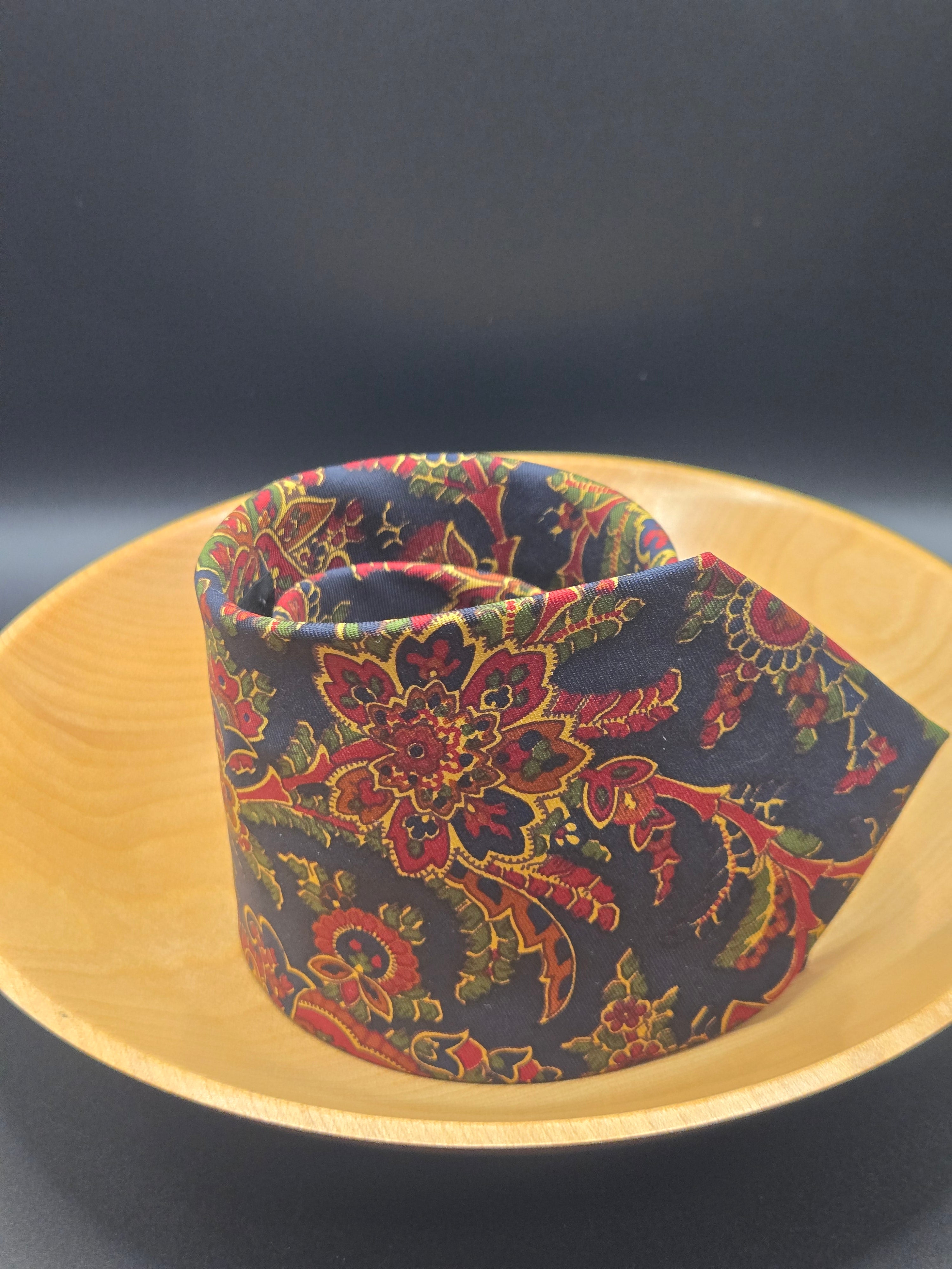 Brooks Brothers Blue Silk Tie | Floral Pattern with Red & Gold Accents