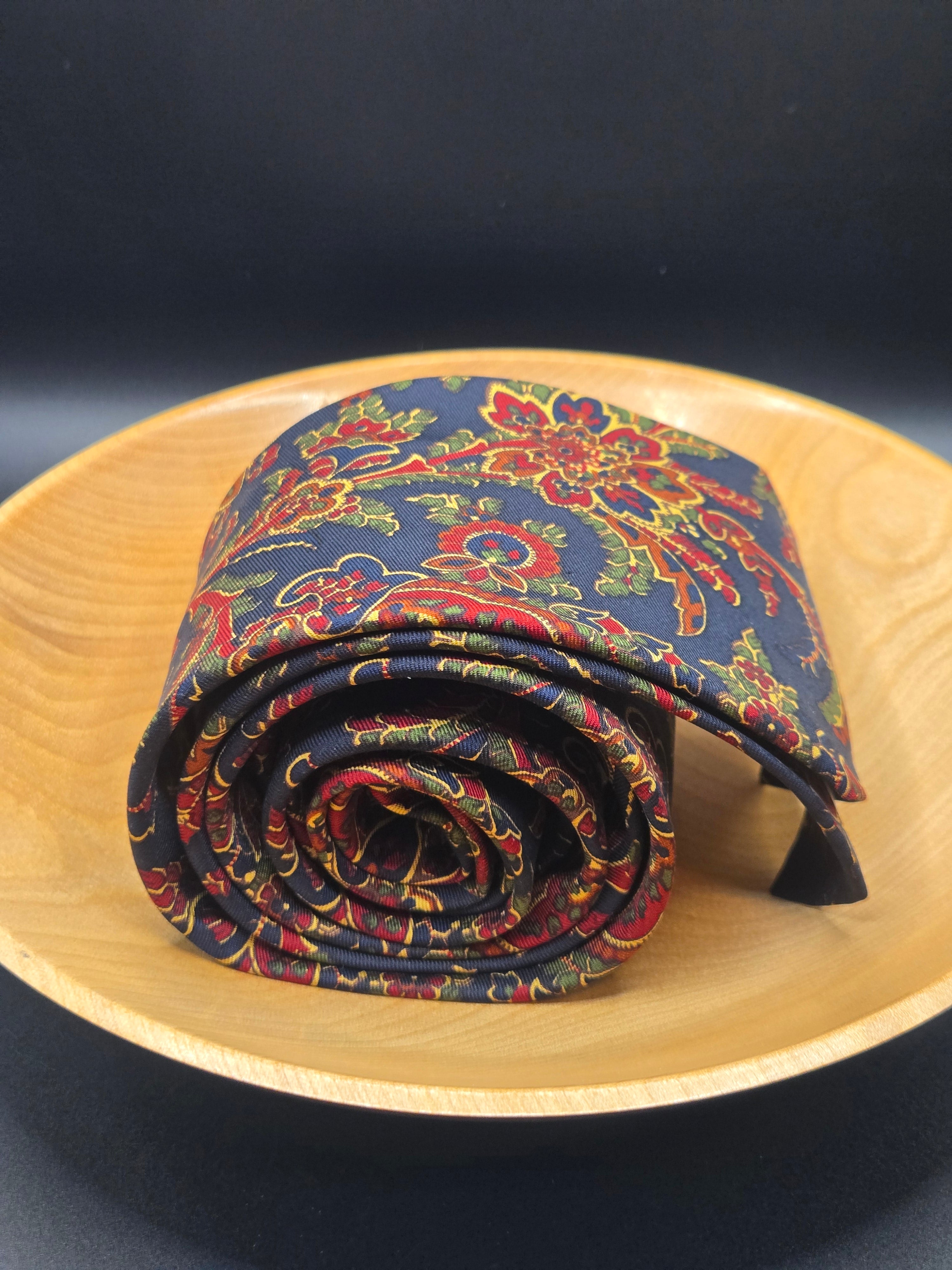 Brooks Brothers Blue Silk Tie | Floral Pattern with Red & Gold Accents