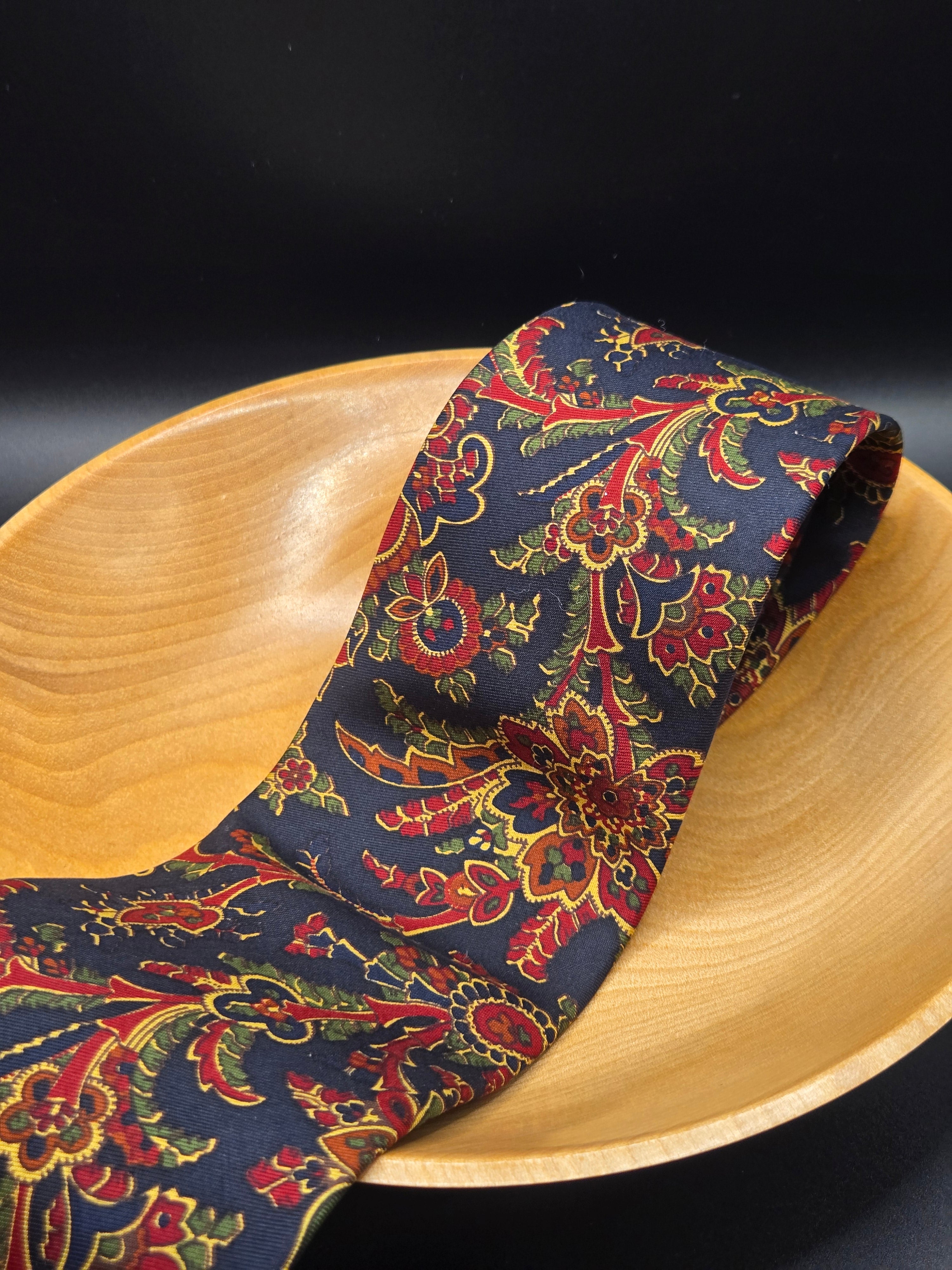 Brooks Brothers Blue Silk Tie | Floral Pattern with Red & Gold Accents