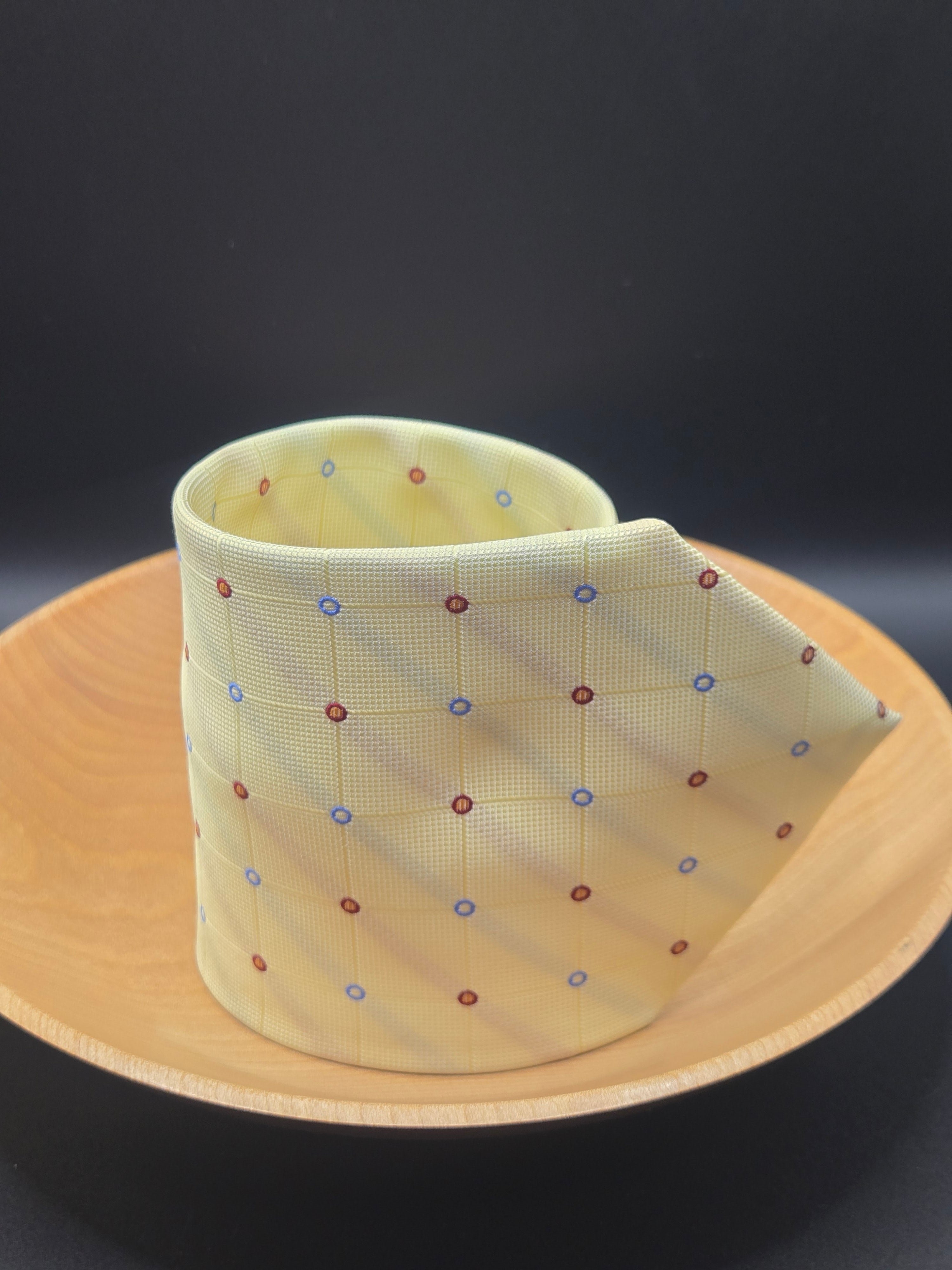 Armani Silk Tie | Soft Yellow with Red & Blue Polka Dots