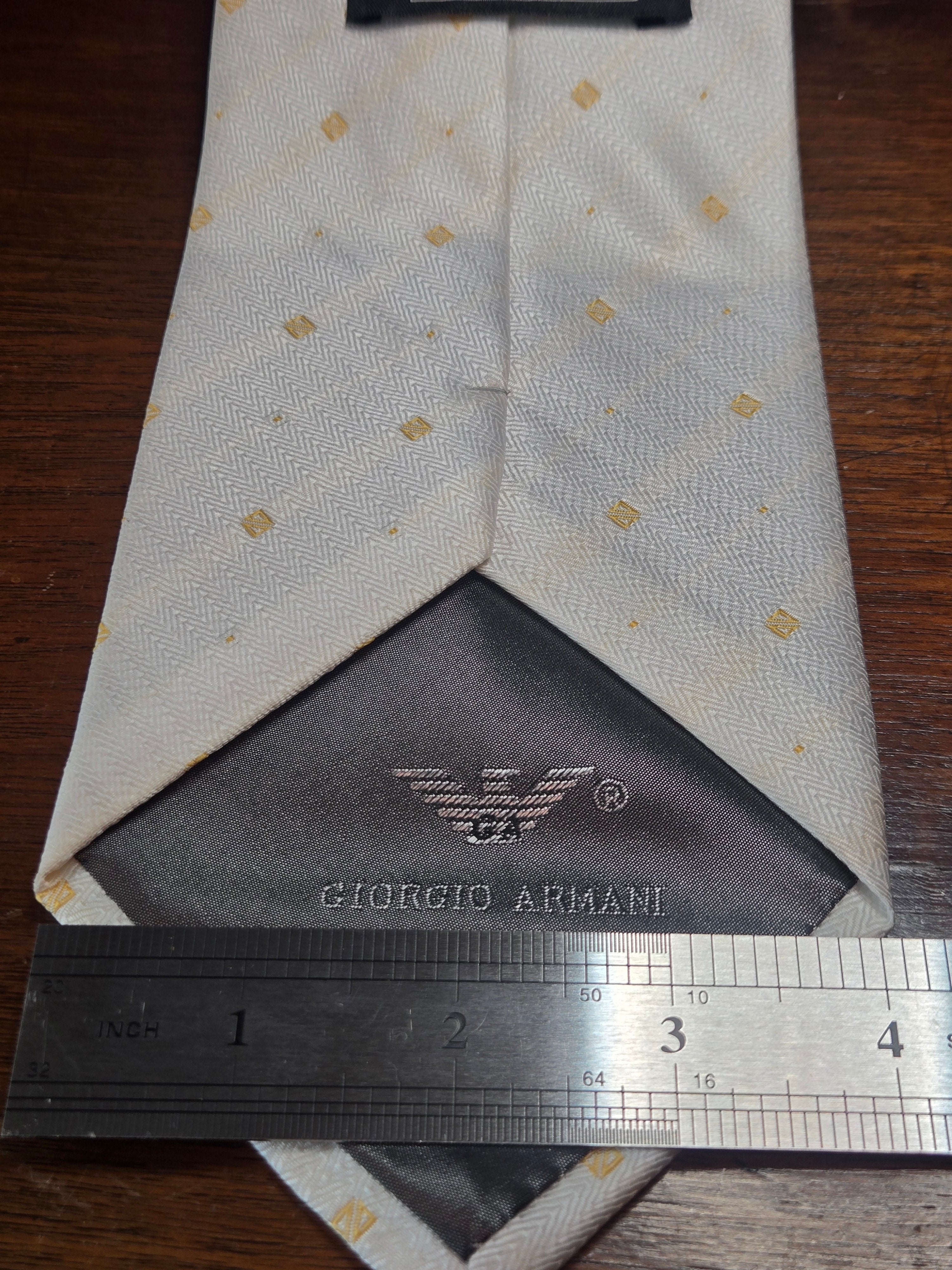 Armani White Silk Tie | Gold Geometric Pattern