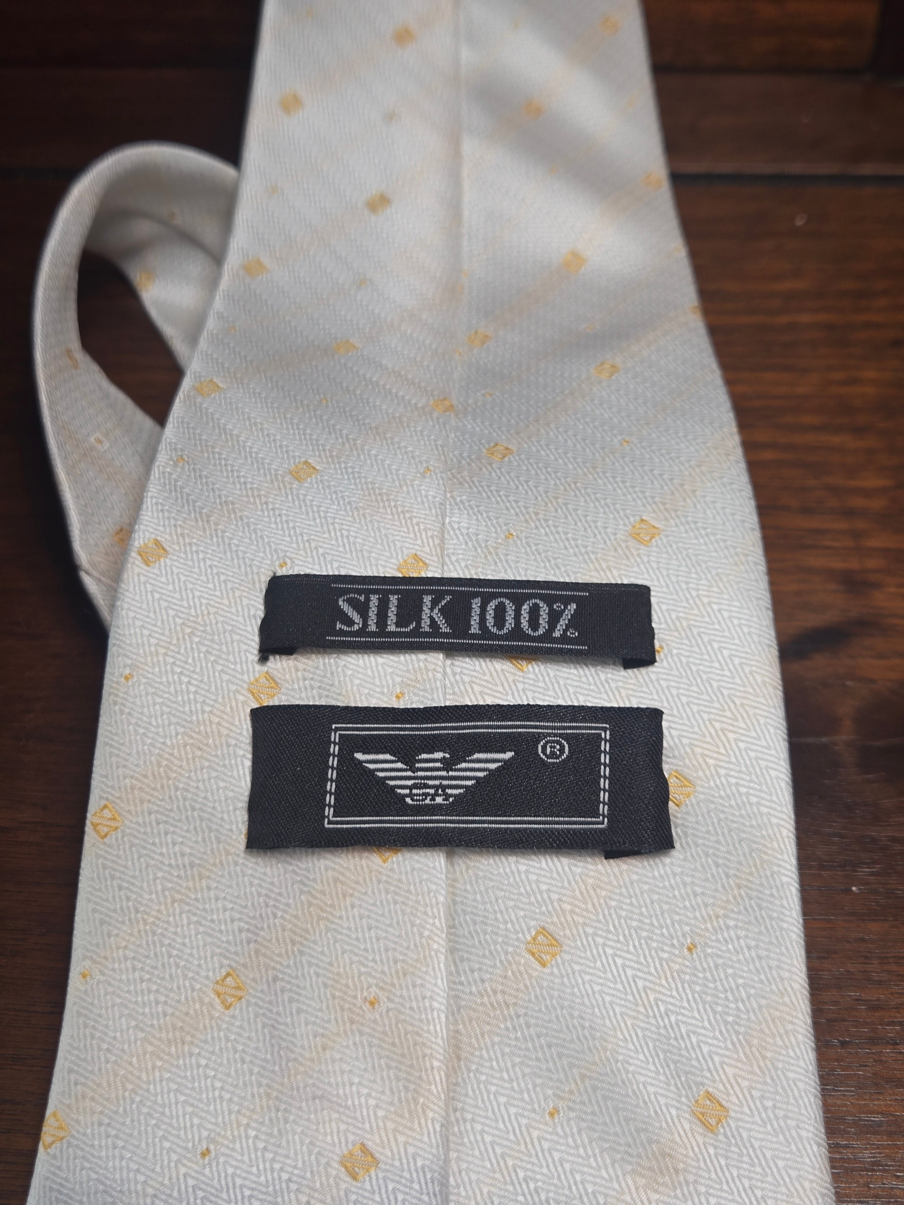 Armani White Silk Tie | Gold Geometric Pattern