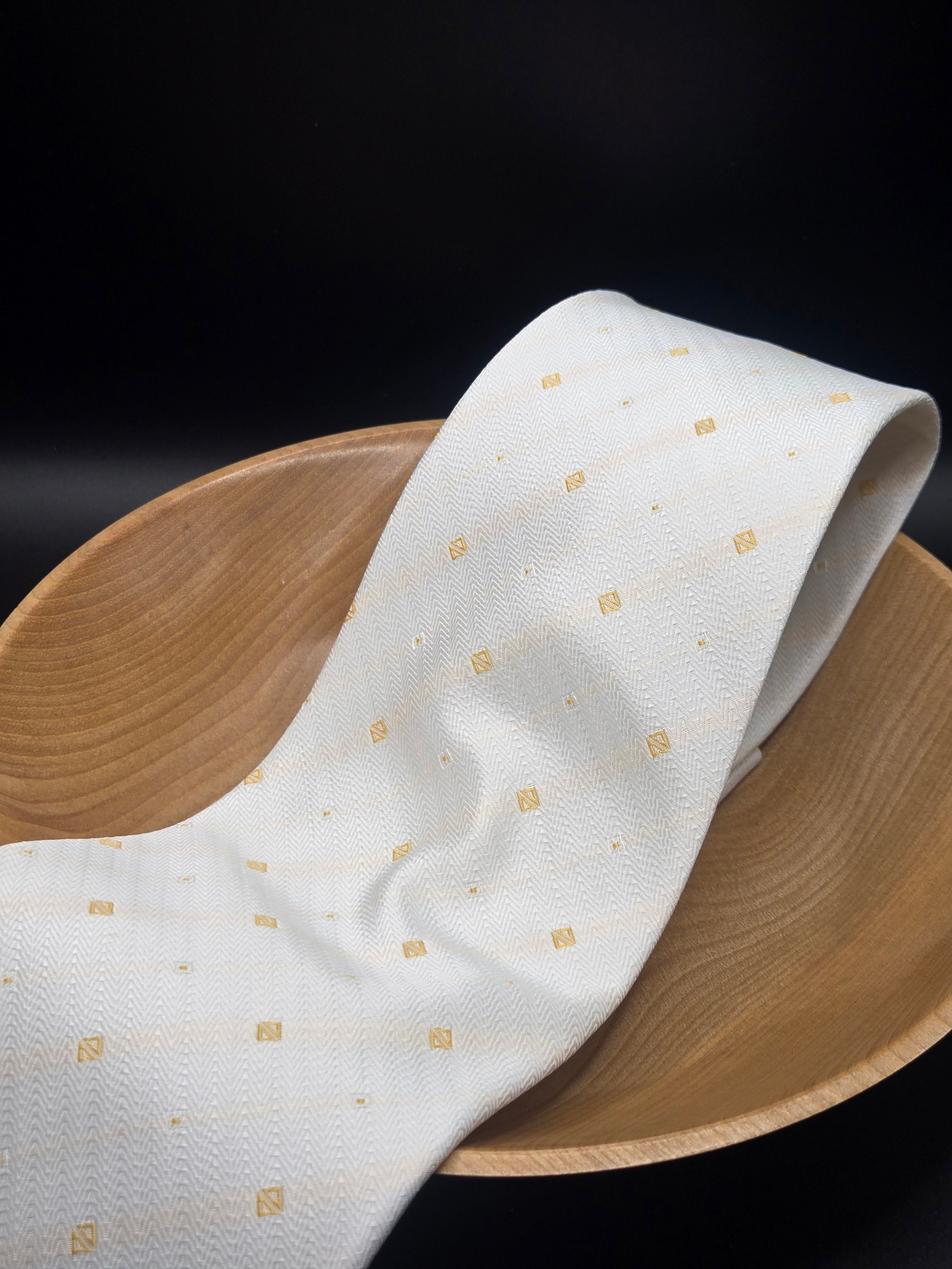 Armani White Silk Tie | Gold Geometric Pattern