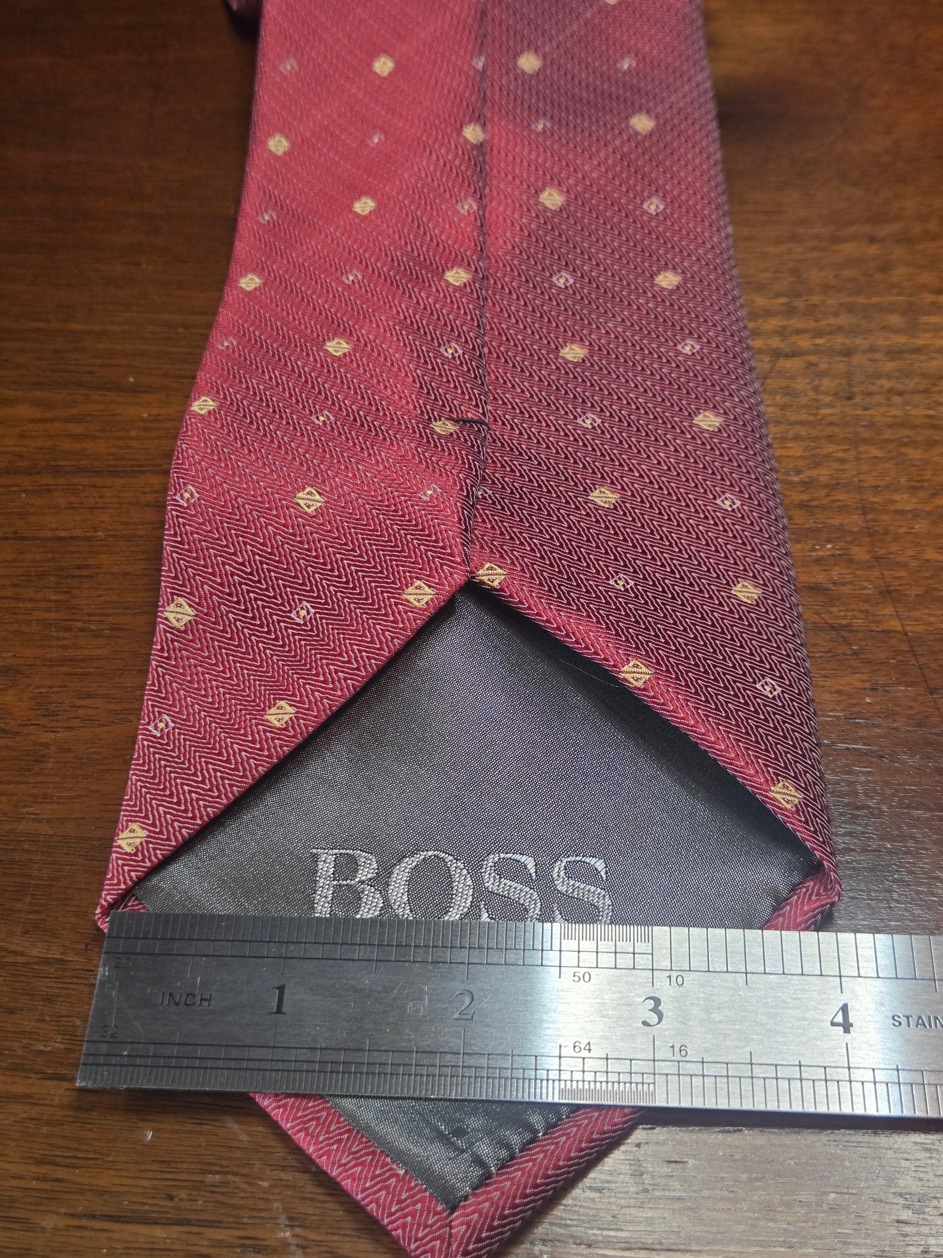 Hugo Boss Red Silk Tie | Gold Geometric Pattern