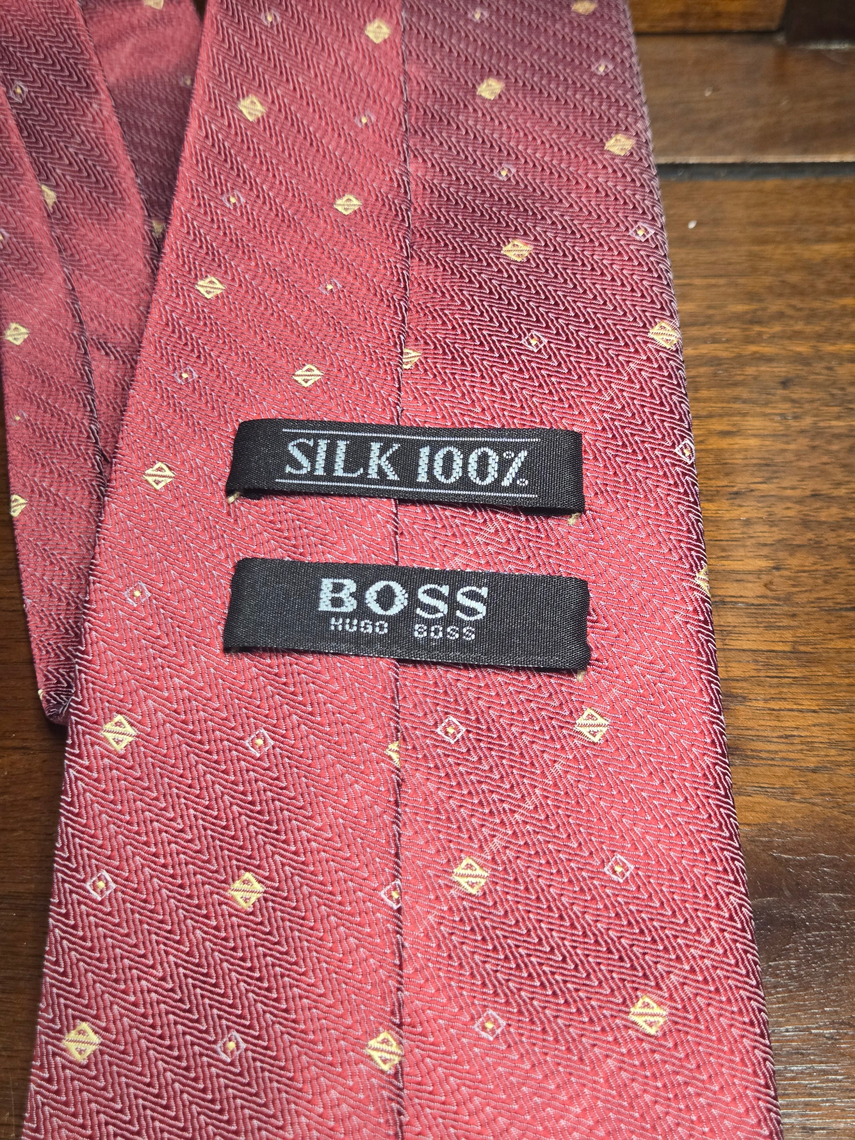 Hugo Boss Red Silk Tie | Gold Geometric Pattern