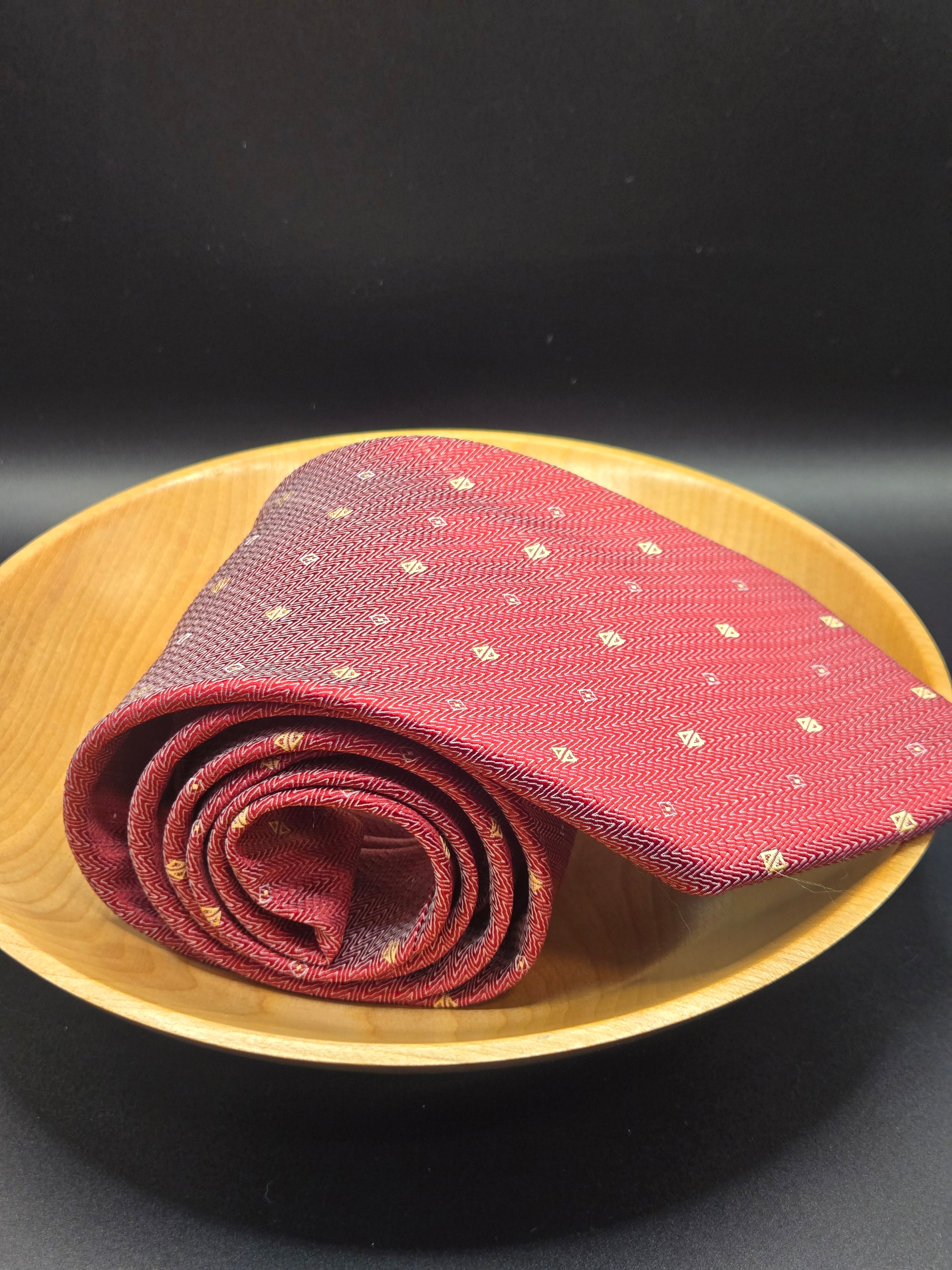 Hugo Boss Red Silk Tie | Gold Geometric Pattern