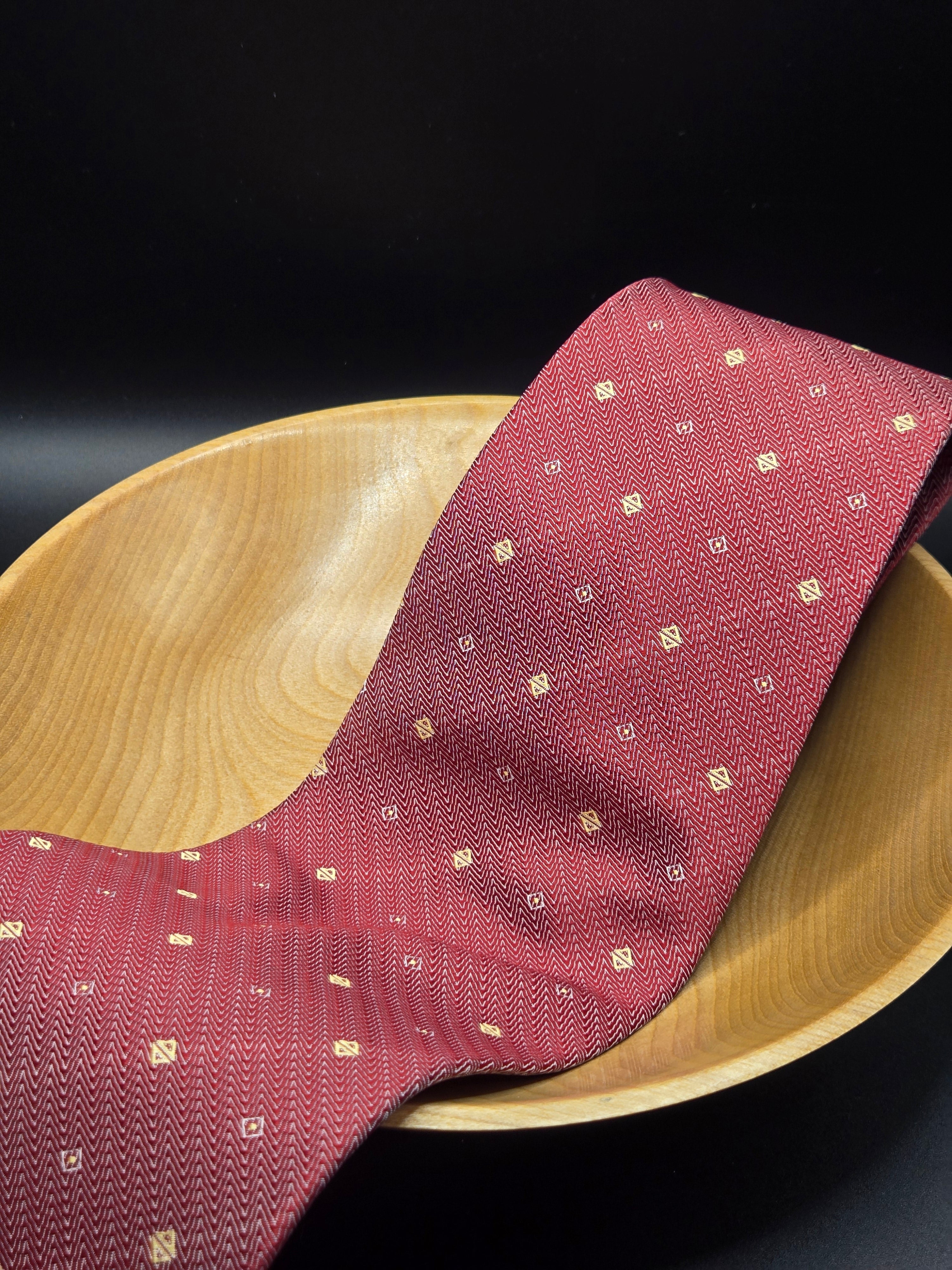 Hugo Boss Red Silk Tie | Gold Geometric Pattern
