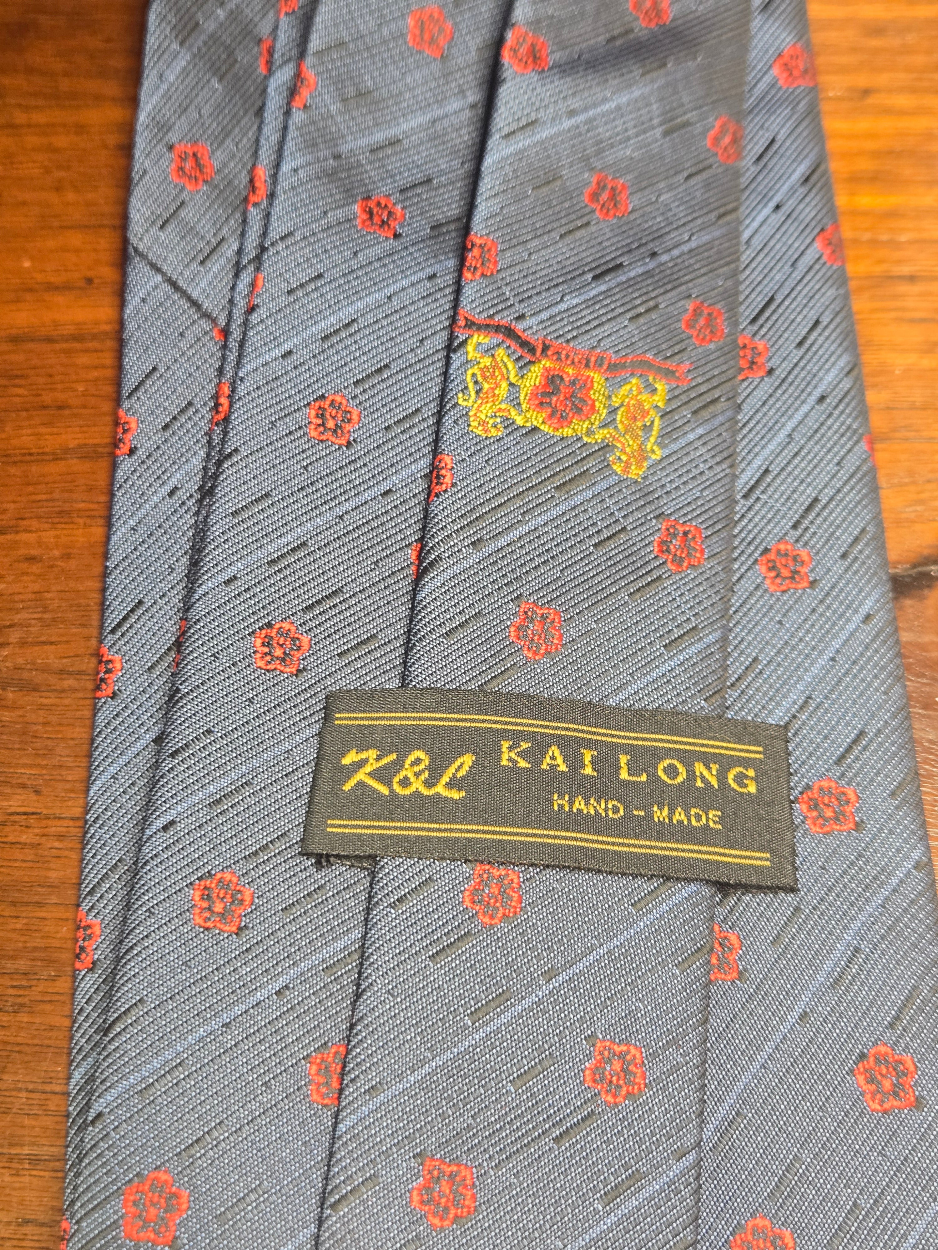 Kai Long Handcrafted Polyester Tie | Red Floral on Blue