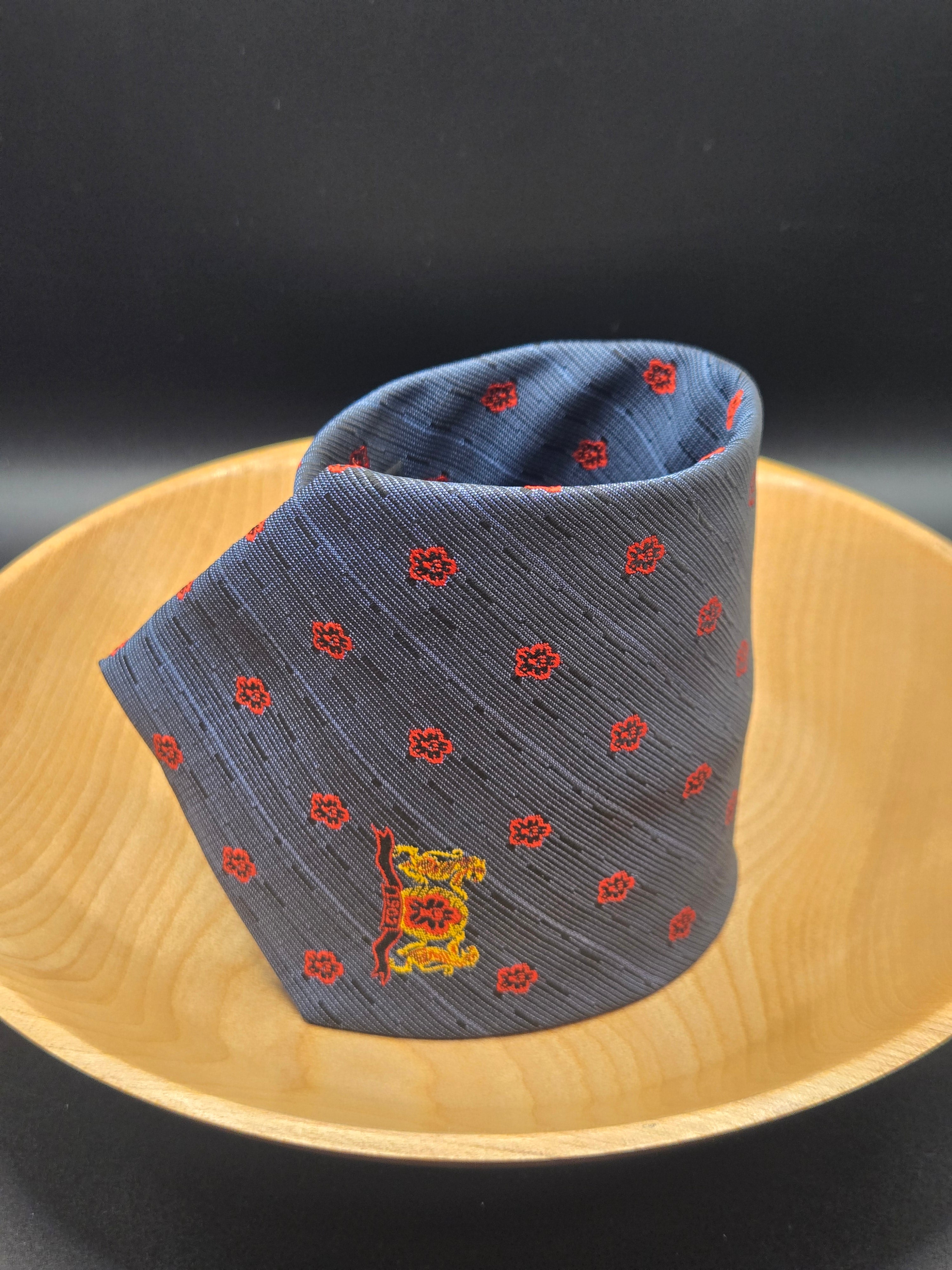 Kai Long Handcrafted Polyester Tie | Red Floral on Blue